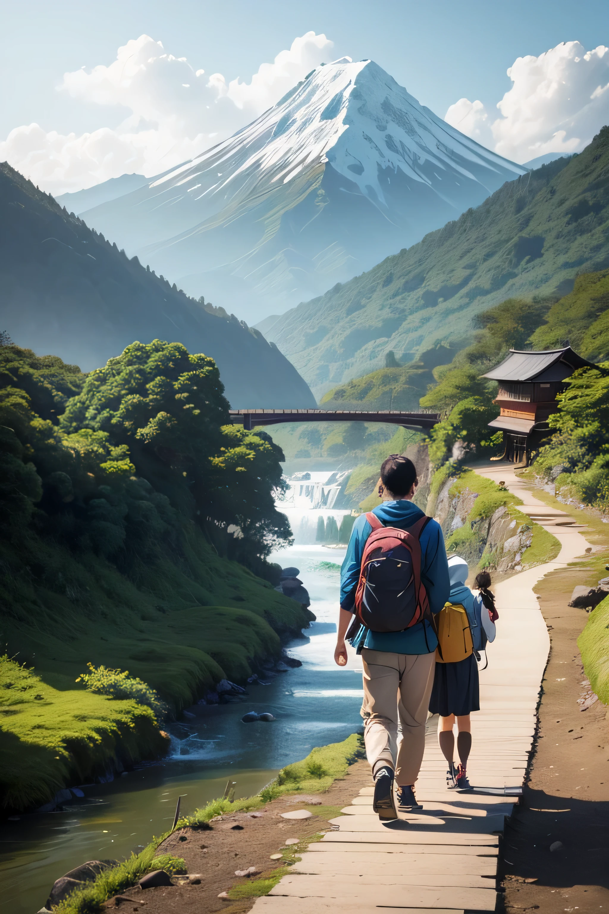 Realistic caricature of an Indonesian couple walking in the mountains of Japan, Wearing a mountain climbing backpack and mountain shoes, women wear hijab. one of them had a camera. The background is a mountain, river with flowing water, hut, rocky road, waterfall. very detailed.