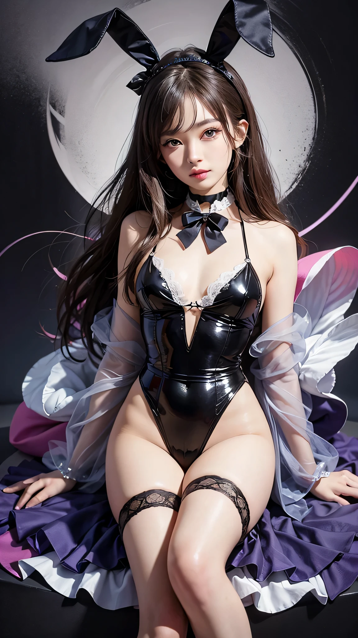 (Close-up:1.4)、(RAW shooting:1.2)、(photorealistic:1.4)、(masterpiece:1.3)、(highest quality:1.4)、solo、7 head and body、(slender and beautiful girl)、cute、(beautiful detailed eyes)、(charming big eyes)、(beautiful double eyelids)、8K、Velvet bunny costume、velvet、Bunny girl black costume、bunny girl figure、bokeh background、 Blurred feeling、 transparent material shoulder strap、 girl's room、smile、happy eyes、white skin、pretty girl、looking at the camera、High heel、rabbit ears、(Medium chest:1.2)、(cleavage)、(full body shot)、white choker and black bow tie、White cuffs、brown hair、(small butt)、(beautiful hands)、(beautiful thighs)、cute系、(perfect anatomy:1.2)、