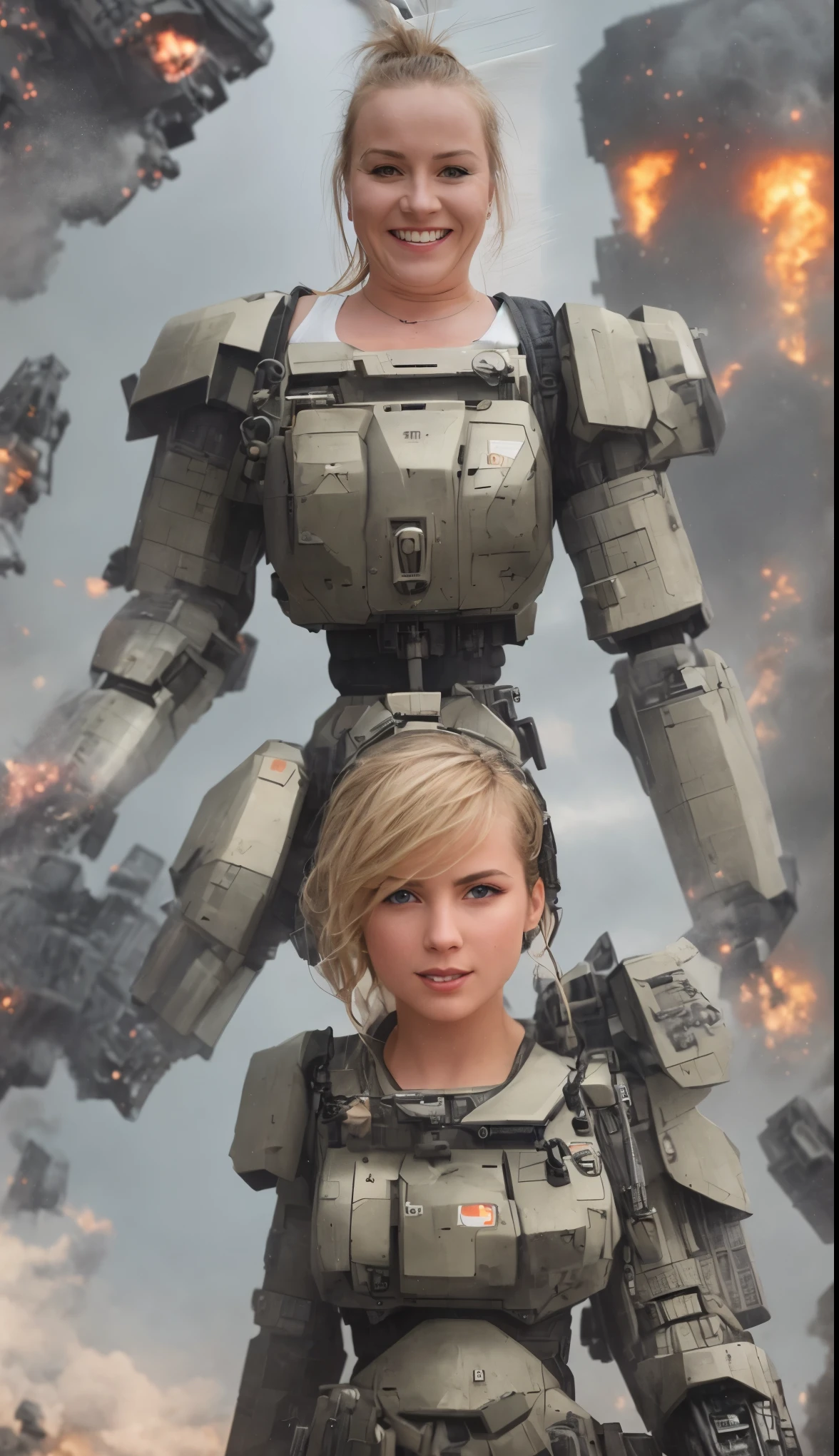 (Ultra high-definition imageidelity :1.2),Realistic,High quality,Movie Light, full body, 1 gorgeous european blonde woman, (stands in front of a giant war robot:1.3),she wears red shorts and black jacket, flirts with camera