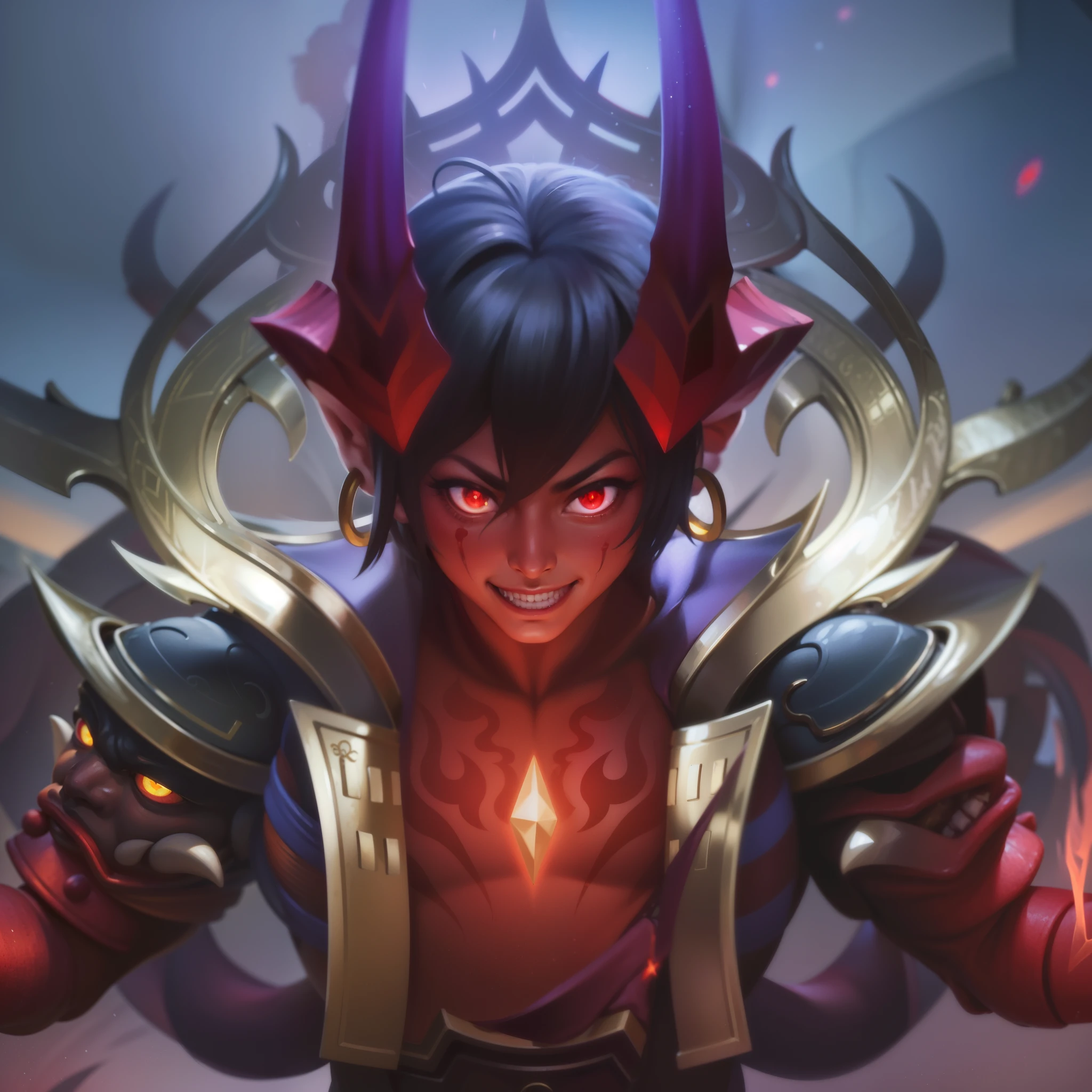 masculine male, masterpiece, ((perfect eyes)) best quality, (semirealism:1.9), beautiful lighting, (extremely detailed CG unity 4k fhd wallpaper), High Detail, Sharp focus, dramatic outdoors, 25 years old, brown short hair, blue eyes, smile, Boy with two big horns, big earrings on ears, elf ear, red eyes, Thick eyebrows, evil smile, grinning, red body, red face, Burning skin, yellow diamonds glistening on chest, burning red skin, golden robe behind, big white belt, 8k, realistic, tato, scary, strong red eye glow (red eye:1.2).
