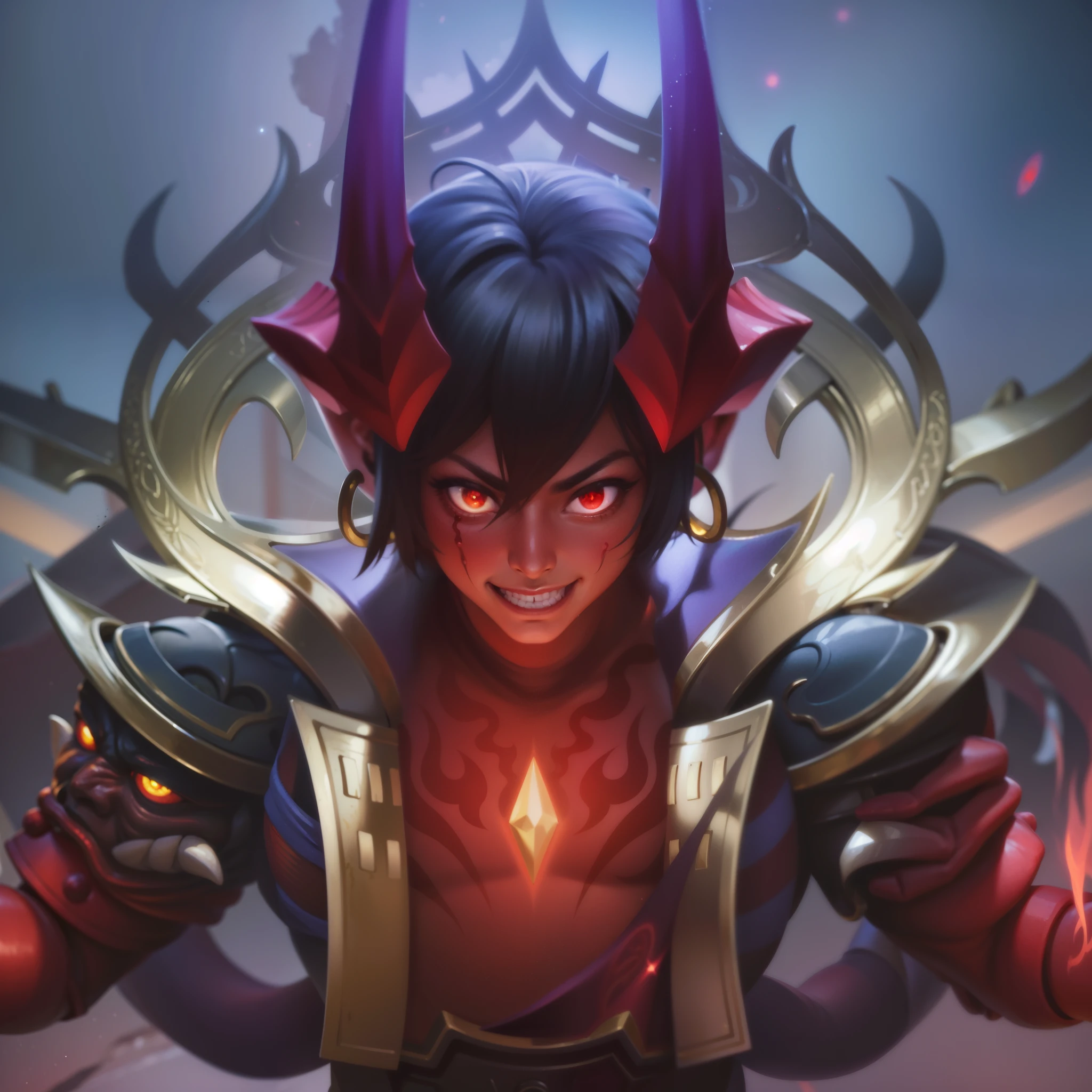 masculine male, masterpiece, ((perfect eyes)) best quality, (semirealism:1.9), beautiful lighting, (extremely detailed CG unity 4k fhd wallpaper), High Detail, Sharp focus, dramatic outdoors, 25 years old, brown short hair, blue eyes, smile, Boy with two big horns, big earrings on ears, elf ear, red eyes, Thick eyebrows, evil smile, grinning, red body, red face, Burning skin, yellow diamonds glistening on chest, burning red skin, golden robe behind, big white belt, 8k, realistic, tato, scary, strong red eye glow (red eye:1.2).