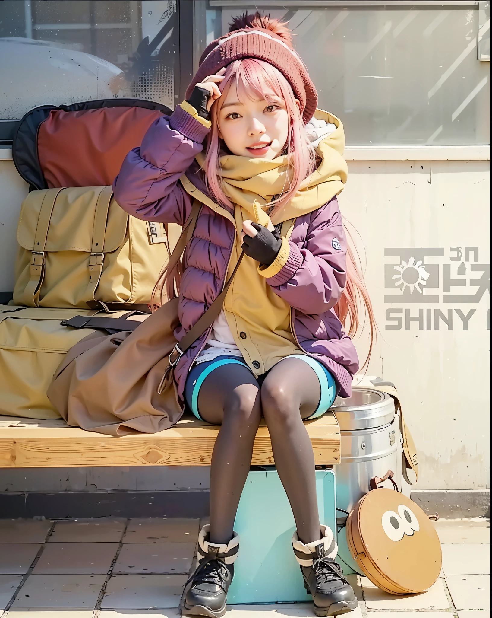 Nadeshiko kagamihara, female, teenage, pink hair, yuru camp, salute pose