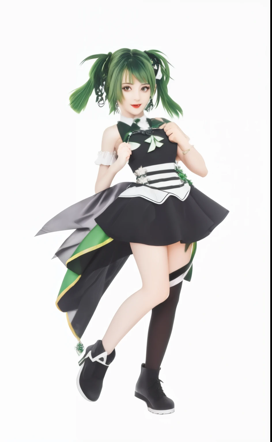 Cute  in a black green and white dress with a green hair, full body adoptabl