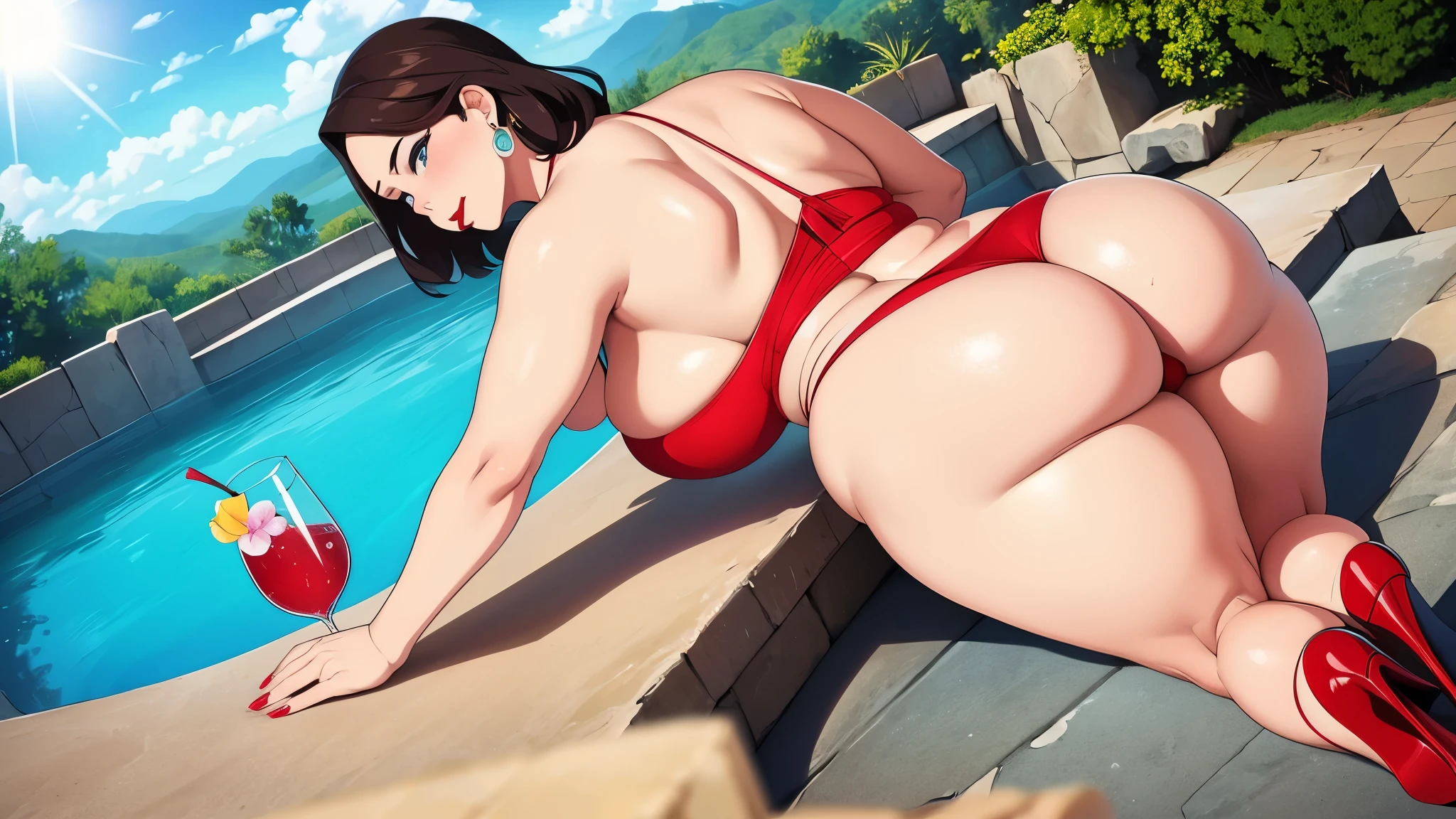 Aunt,Mother,Thick legs,obesity,Beauty,sexy,pretty,hot spring,outdoor,clear skies,High heel,POV,sexy姿势,Back lens,butt,Lying,pretty的脸,European and American style,earrings,Heavy makeup,red lips,Manicure,full,cleavage
