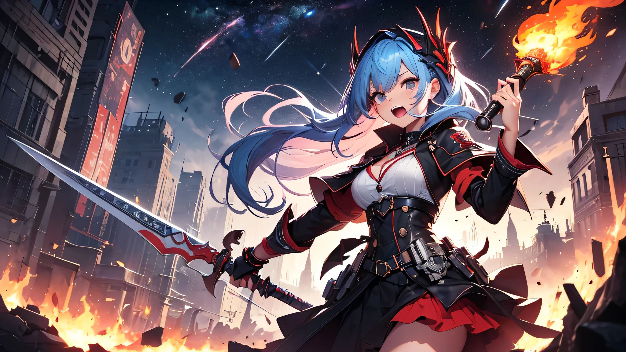 最high quality、best image quality、masterpiece、teenage girl((18-year-old、 By becoming、vest bust、medium bust,wide open breast tea、black eye, light blue hAria、Red mesh、long hAria、thin,highest valley、Red and blue dress、holding a red sword in his right hand、Glowing red wings,Aria、splatters、slash pose、scream、He holds a red sword in his left hand.、angry face、leaning forward)),high quality、beautiful art、background((outer space、battlefield、Burning Town、fire、inflammation、A lot of missiles))瓦礫がsplatters、Depth of written boundary、movie、visual art、perfect art、8K,genuine