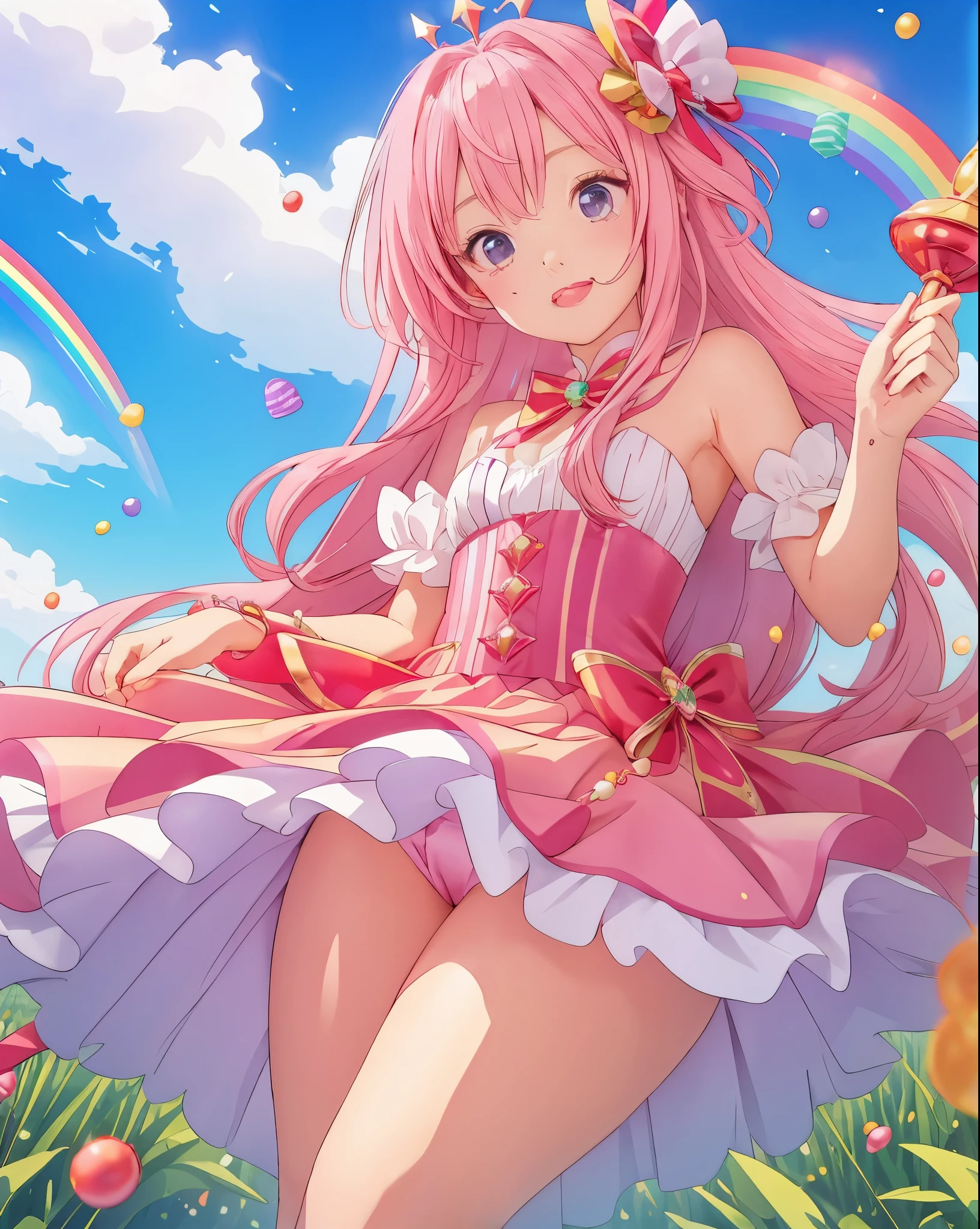 sceptre, lots of candy, Gumdrops, candycanes, a rainbow, candy, (a field of candy), 1 girl, sugar queen, pink skirt, a Sceptor of candy,lift up skirt,Reveal all