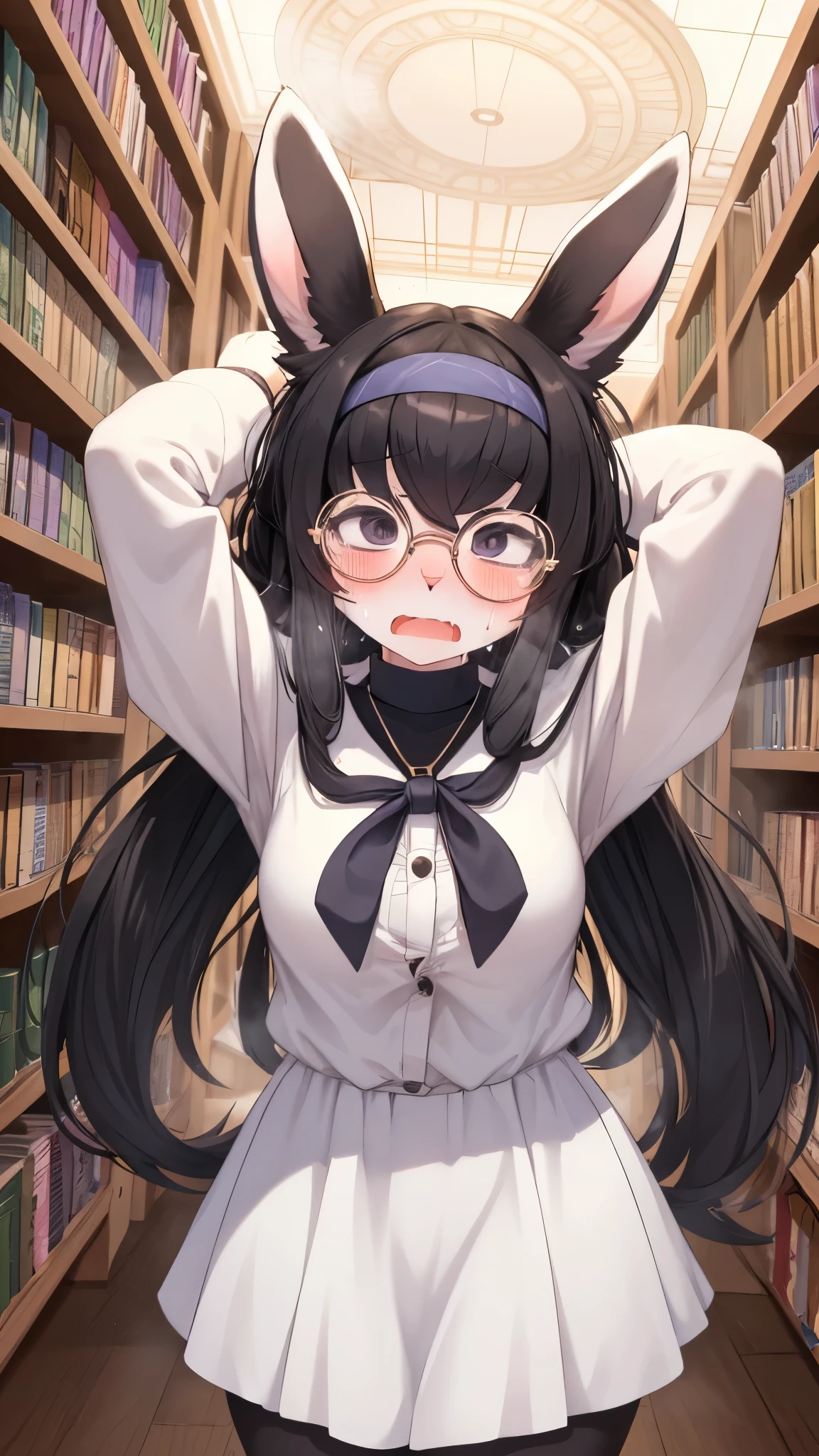 rabbit girl,black hair,black rabbit ear fur,white body fur,neck fur,scream,shock face,looking at viewer,library,bookshelf,round glasses,full face blush,sweating face,face steam,shiny skin,lift hands upper head