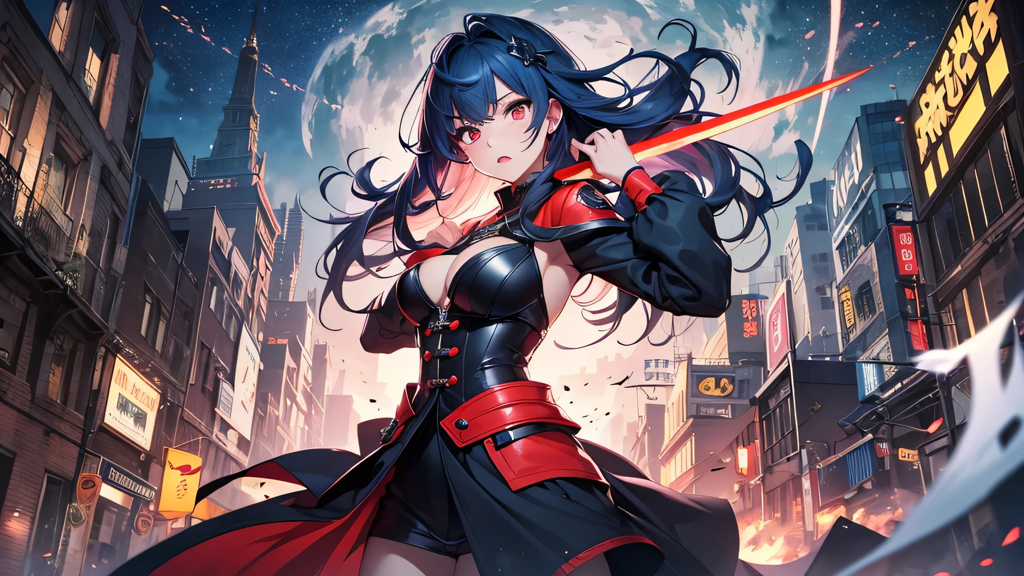 最high quality、best image quality、masterpiece、teenage girl((18-year-old、 By becoming、vest bust、medium bust,wide open breast tea、black eye, light blue hAria、Red mesh、long hAria、thin,highest valley、red mechanic dress、holding a red sword in his right hand、Glowing red wings,Aria、splatters、slash pose、scream、He holds a red sword in his left hand.、angry face、leaning forward)),high quality、beautiful art、background((outer space、battlefield、Burning Town、fire、inflammation))瓦礫がsplatters、Depth of written boundary、movie、visual art、perfect art、8K,genuine
