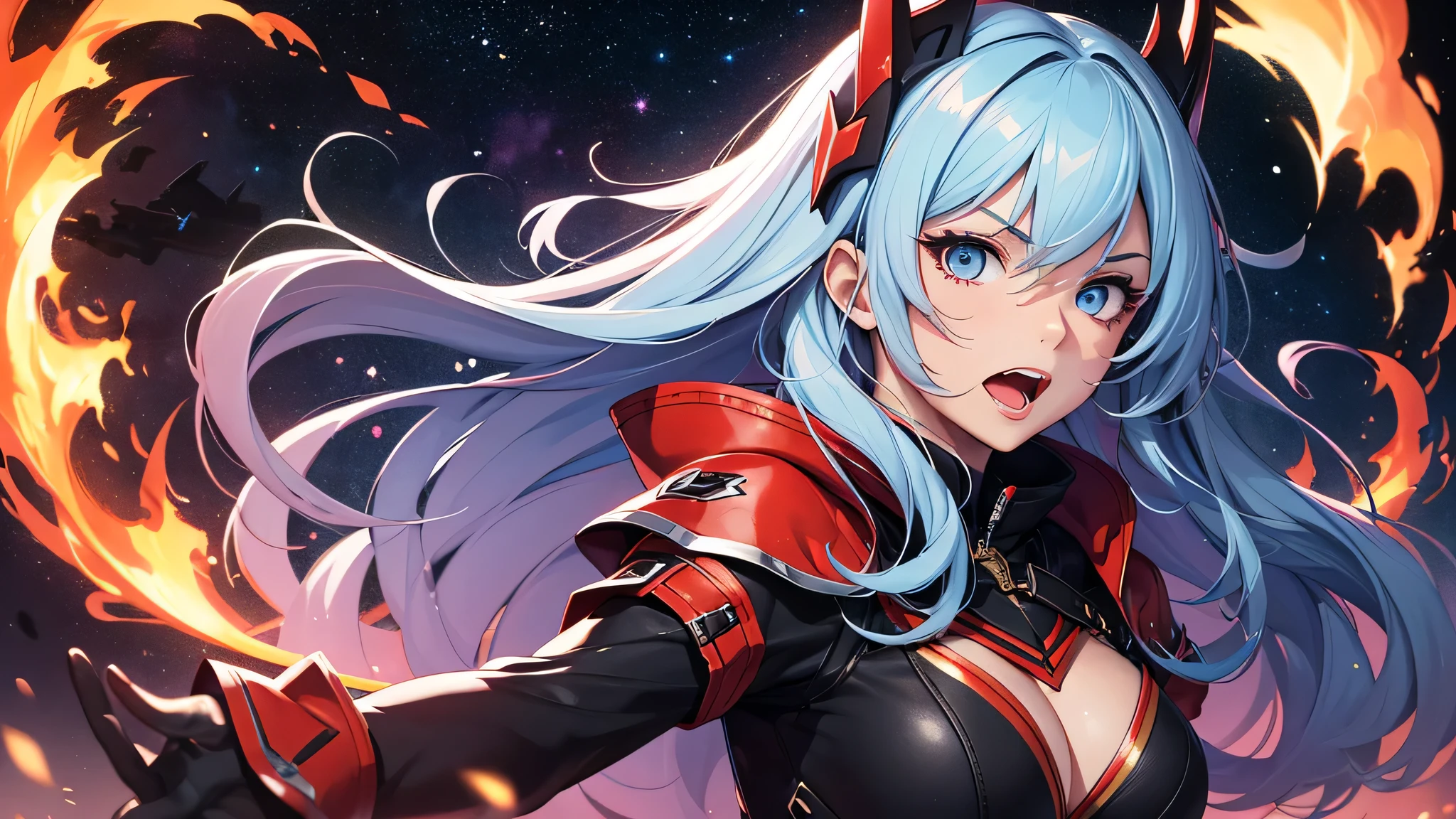 最high quality、best image quality、masterpiece、teenage girl((18-year-old、 By becoming、vest bust、medium bust,wide open breast tea、black eye, light blue hAria、Red mesh、long hAria、thin,highest valley、Red and blue dress、holding a red sword in his right hand、Glowing red wings,Aria、splatters、slash pose、scream、He holds a red sword in his left hand.、angry face、leaning forward)),high quality、beautiful art、background((outer space、battlefield、Burning Town、fire、inflammation、A large number of missiles rain down))瓦礫がsplatters、Depth of written boundary、movie、visual art、perfect art、8K,genuine