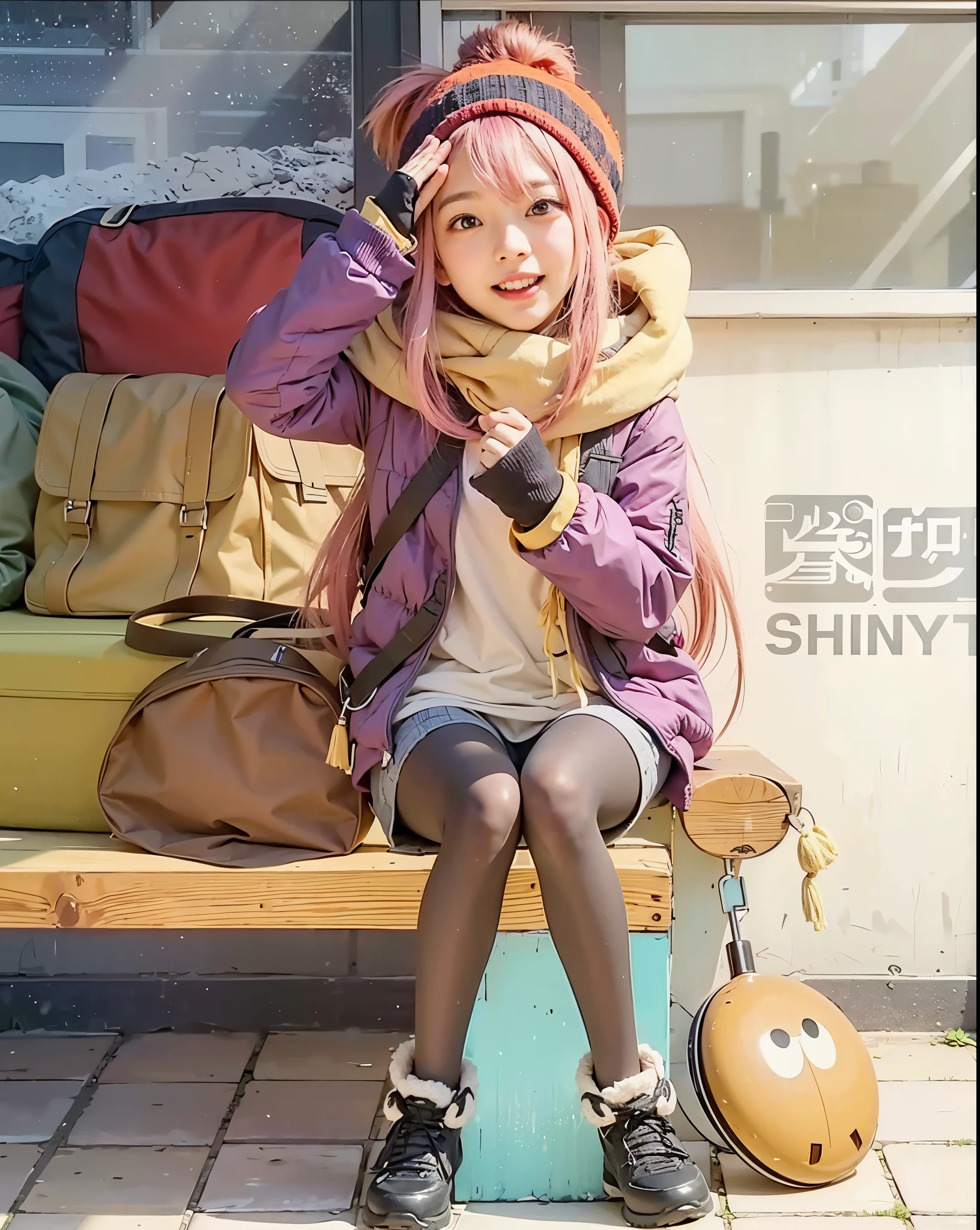 Nadeshiko kagamihara, female, teenage, pink hair, yuru camp, salute pose