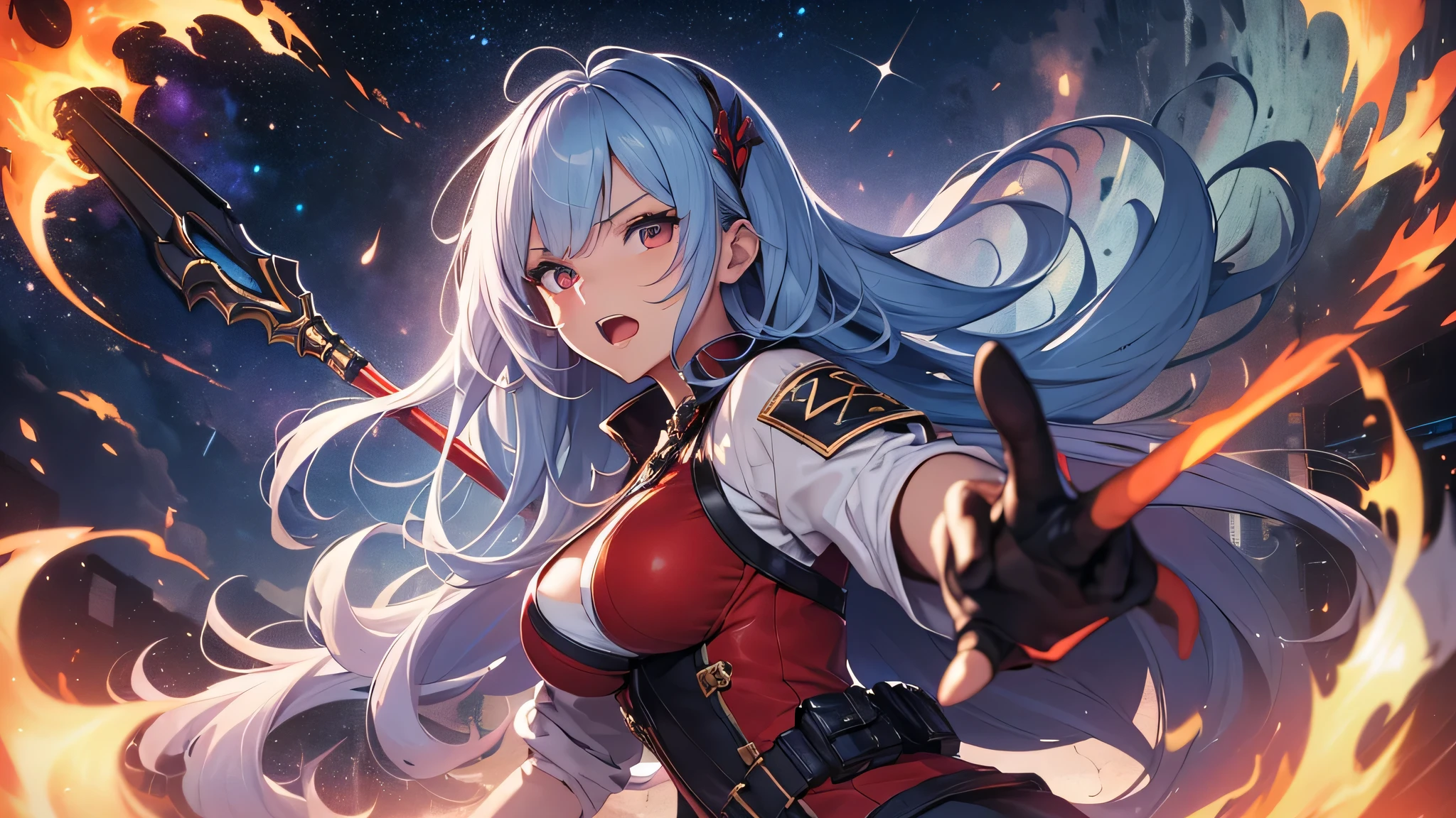 最high quality、best image quality、masterpiece、teenage girl((18-year-old、 By becoming、vest bust、medium bust,wide open breast tea、black eye, light blue hAria、Red mesh、long hAria、thin,highest valley、Red and blue dress、holding a red sword in his right hand、Glowing red wings,Aria、splatters、slash pose、scream、He holds a red sword in his left hand.、angry face、leaning forward)),high quality、beautiful art、background((outer space、battlefield、Burning Town、fire、inflammation、A large number of missiles rain down))瓦礫がsplatters、Depth of written boundary、movie、visual art、perfect art、8K,genuine