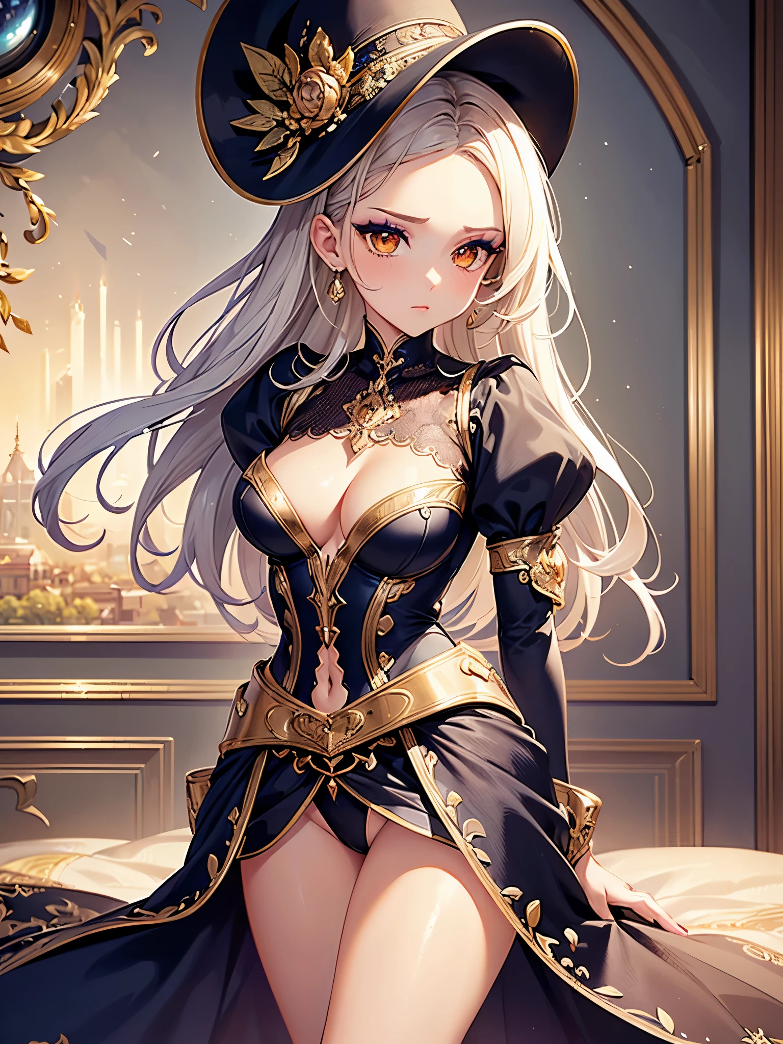 ((highest quality)),(ultra high resolution),(Super detailed),(detailed description),((best CG)),(best work of art),super precision art,great drawing art,(Fantasy art with precise details:1.5), (1 woman:1.7)(A detailed and detailed dress:1.5),Embroidered with precision down to the smallest detail:1.5,(beautiful and well-shaped face:1.5),(natural makeup:1.5),cleavage:1.5,(thin waist:1.6),stylish hat:1.3, terraces:1.3,Clear sky:1.5