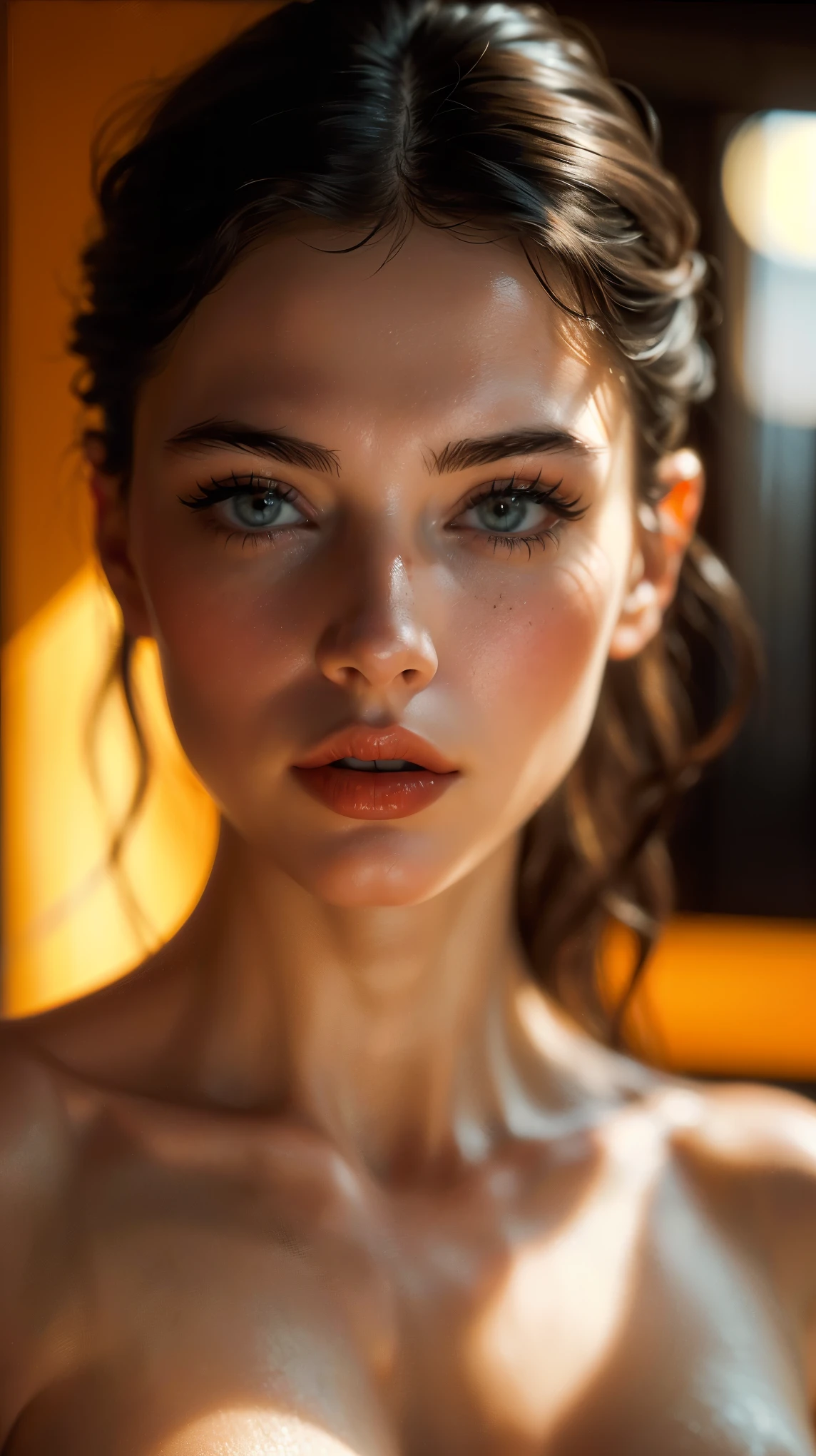 (((ultra realistic))) Photo, masterpiece, top quality, (pale skin), (Ultra detailed face and eyes:1.3), 1 girl, naked ((Eye makeup, mascara)), ((large detailed lips)), ((Dark wavy hair)), ((Stylish hairstyle)) , (Heavy breasts). ((Posing)), photoshoot, (contour) Lighting, (The play of light and shadows), depth of field, bokeh, (special attention to skin detail: 1.2), Detailed leather texture, skin pores. (Warm atmosphere of the frame. color scheme - black, Yellow, Red, orange tones), UDR, ((Film grain)), rays, (Glare), ((Photo to the waist)) , ultra detialed,