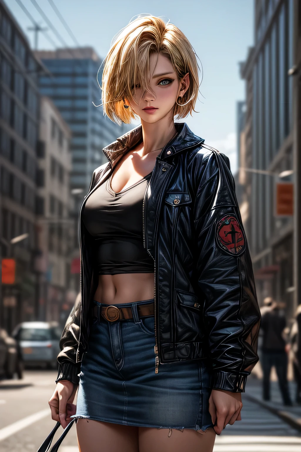 android 18, android 18, blonde hair, blue eyes, eyelash, hoop earrings, short hair, earrings, break belt, black legwear, black shirt, breast pocket, cleavage, clavicle, denim, denim skirt, high-waist skirt, jewelry, long sleeve, pocket, shirt, shirt tucked in, skirt, striped, striped sleeves, waistcoat,, break outdoors, city, null, cloud, sun, break looking at viewer, (cowboy shot:1.5), break (masterpiece:1.2), highest quality, High resolution, unity 8k wallpaper, (shape:0.8), (beautiful and detailed eyes:1.6), highly detailed face, perfect lighting, Very detailed CG, (perfect hands, perfect anatomy)