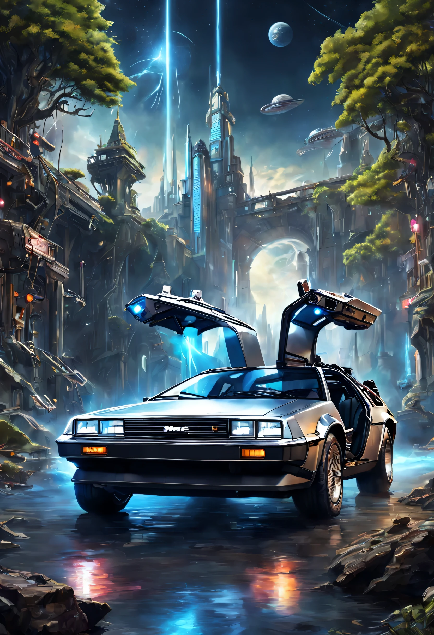The forgotten gate of time and space, fantasy theme, concept art, Back to the Future, Future Style DeLorean and Jeremy Doc, Abandoned warehouse, (masterpiece), (highest quality), (Ultra high detail)
