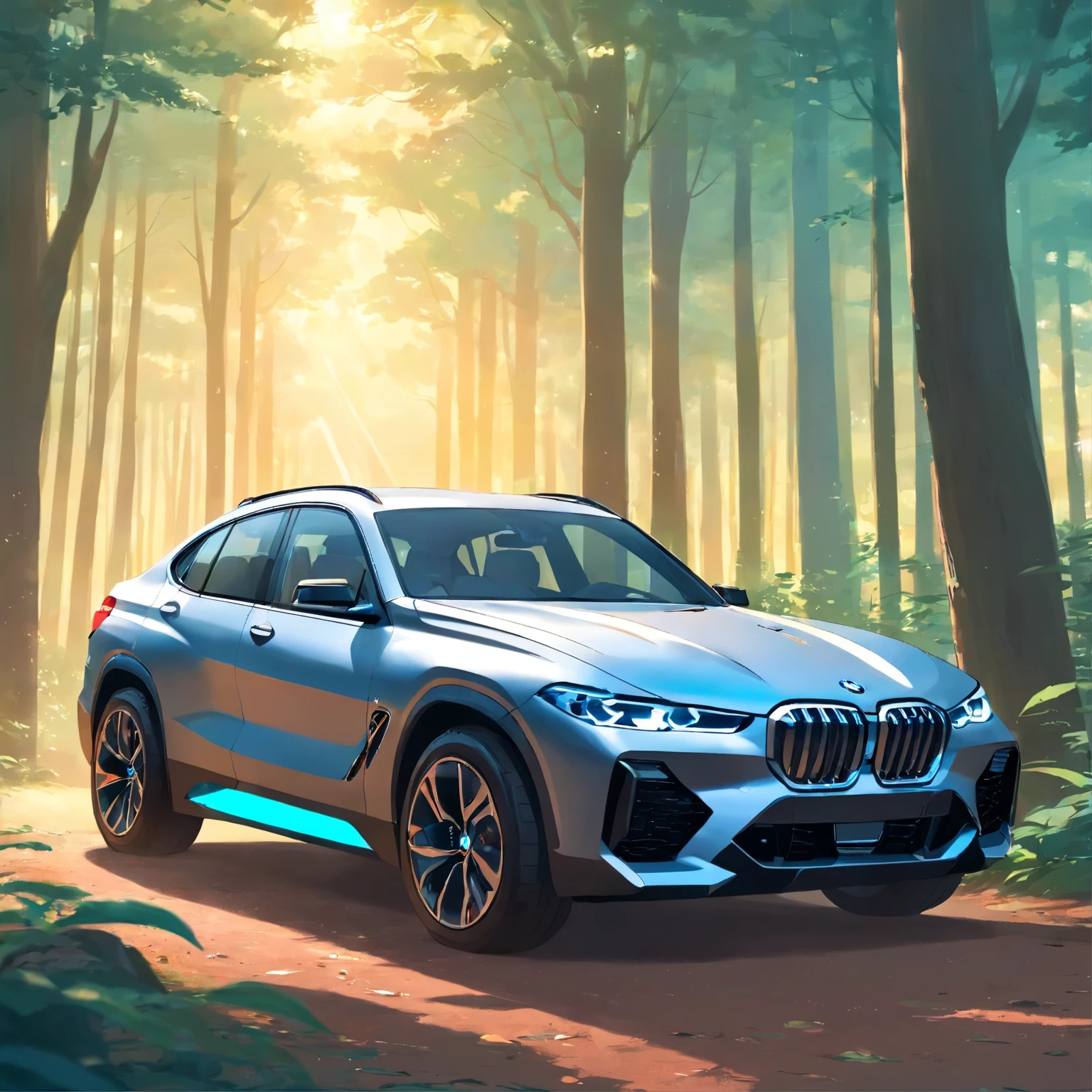 A grey bmw X9, riding in the forest, at dawn
