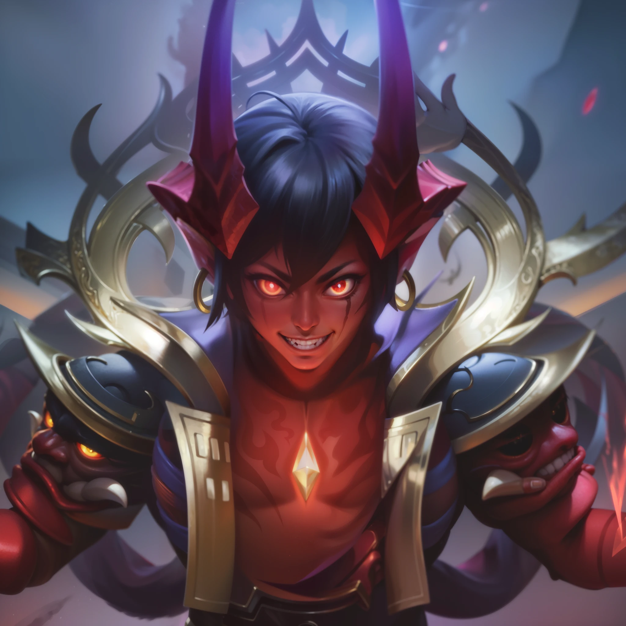 masculine male, masterpiece, ((perfect eyes)) best quality, (semirealism:1.9), beautiful lighting, (extremely detailed CG unity 4k fhd wallpaper), High Detail, Sharp focus, dramatic outdoors, 25 years old, brown short hair, blue eyes, smile, Boy with two big horns, big earrings on ears, elf ear, red eyes, Thick eyebrows, evil smile, grinning, red body, red face, Burning skin, yellow diamonds glistening on chest, burning red skin, golden robe behind, big white belt, 8k, realistic, tato, scary, strong red eye glow (red eye:1.2).