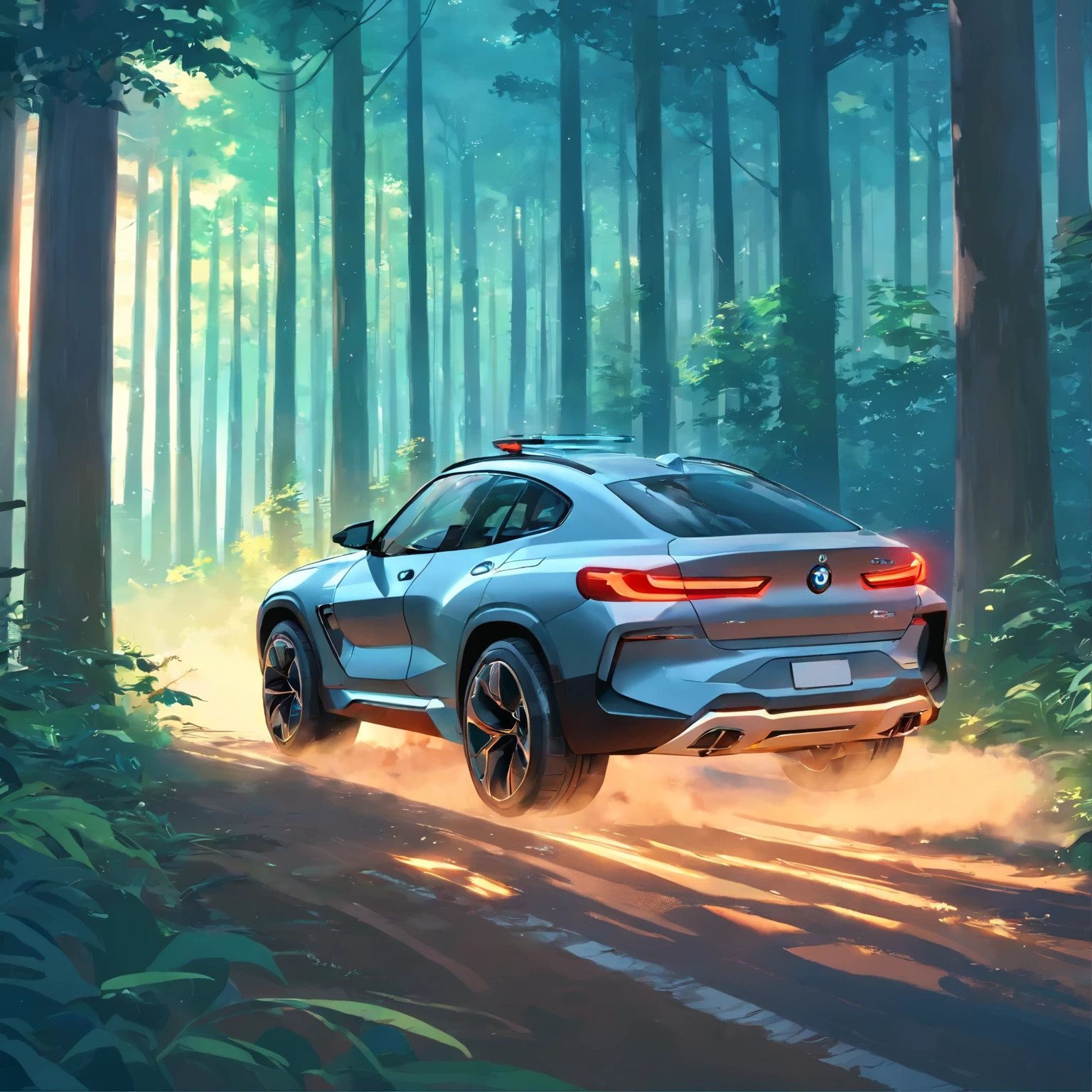 A grey bmw X9, riding in the forest, at dawn