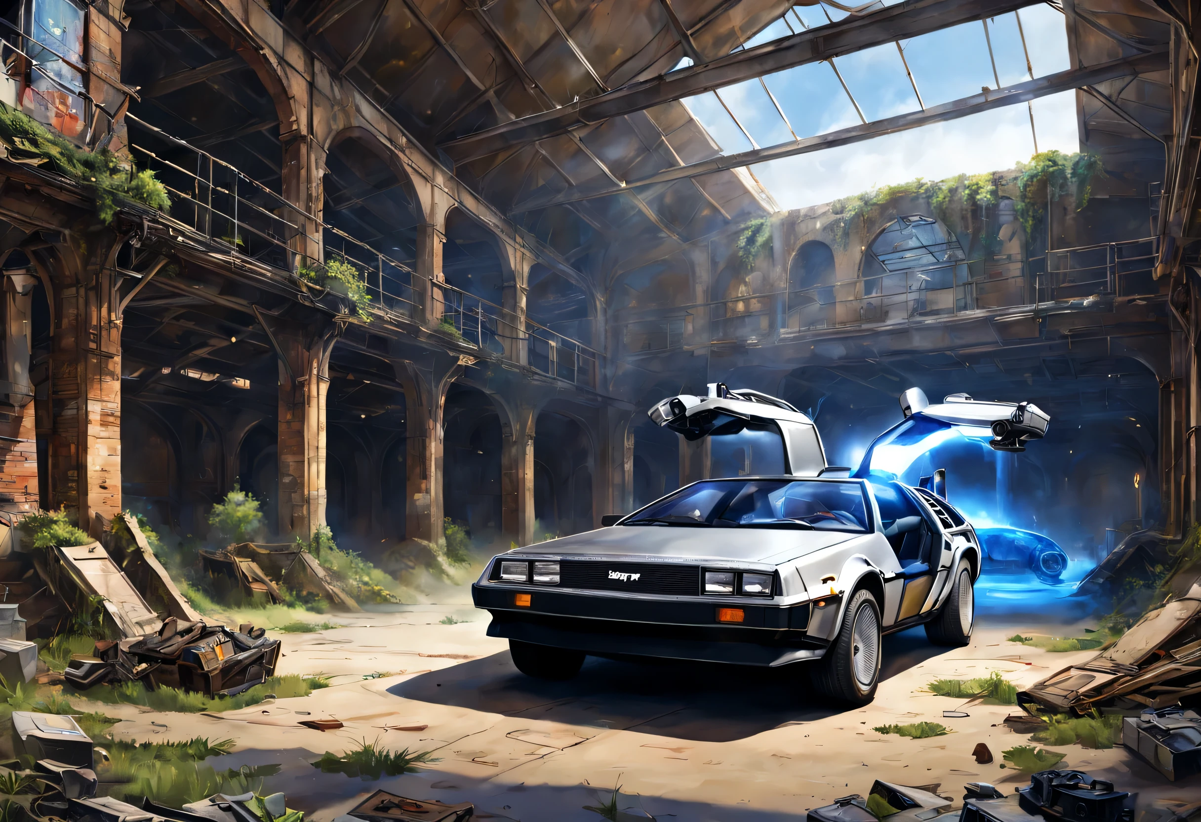 The forgotten gate of time and space, fantasy theme, concept art, Back to the Future, vintage delorean, Abandoned warehouse, (masterpiece), (highest quality), (Ultra high detail)