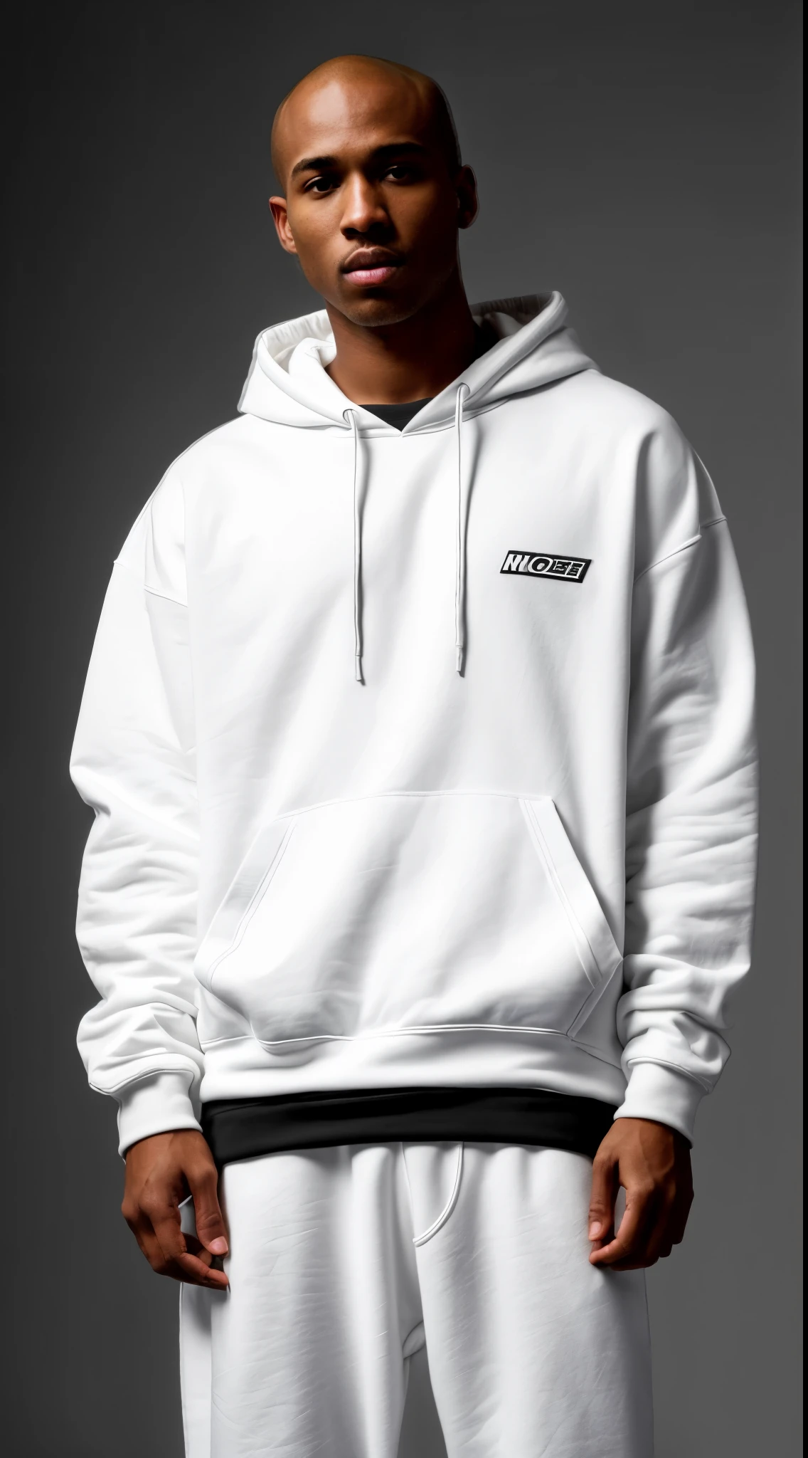 Produce a visually stunning and hyper-realistic banner image with top-notch quality, utilizing high-resolution, high-contrast studio lighting techniques. Ensure a zoomed-out perspective that captures the entirety of a black male, bald model prominently showcasing a solid pure white color fleece oversized fit cotton white hoodie. The hoodie should lack strings on the hood for a sleek appearance. The clothing aspect should be emphasized with a 1.1 magnification, and the overall image should maintain a photorealistic enhancement at a factor of 1.37. Employ a white background and flat surface setting to emphasize the hoodie's design, ensuring it pops with a solid white color. Pay meticulous attention to full skin details on the model to enhance the realistic aesthetic. The final output should be in 4K resolution and tailored specifically for a streetwear store front banner, meeting the highest standards of quality and appeal.