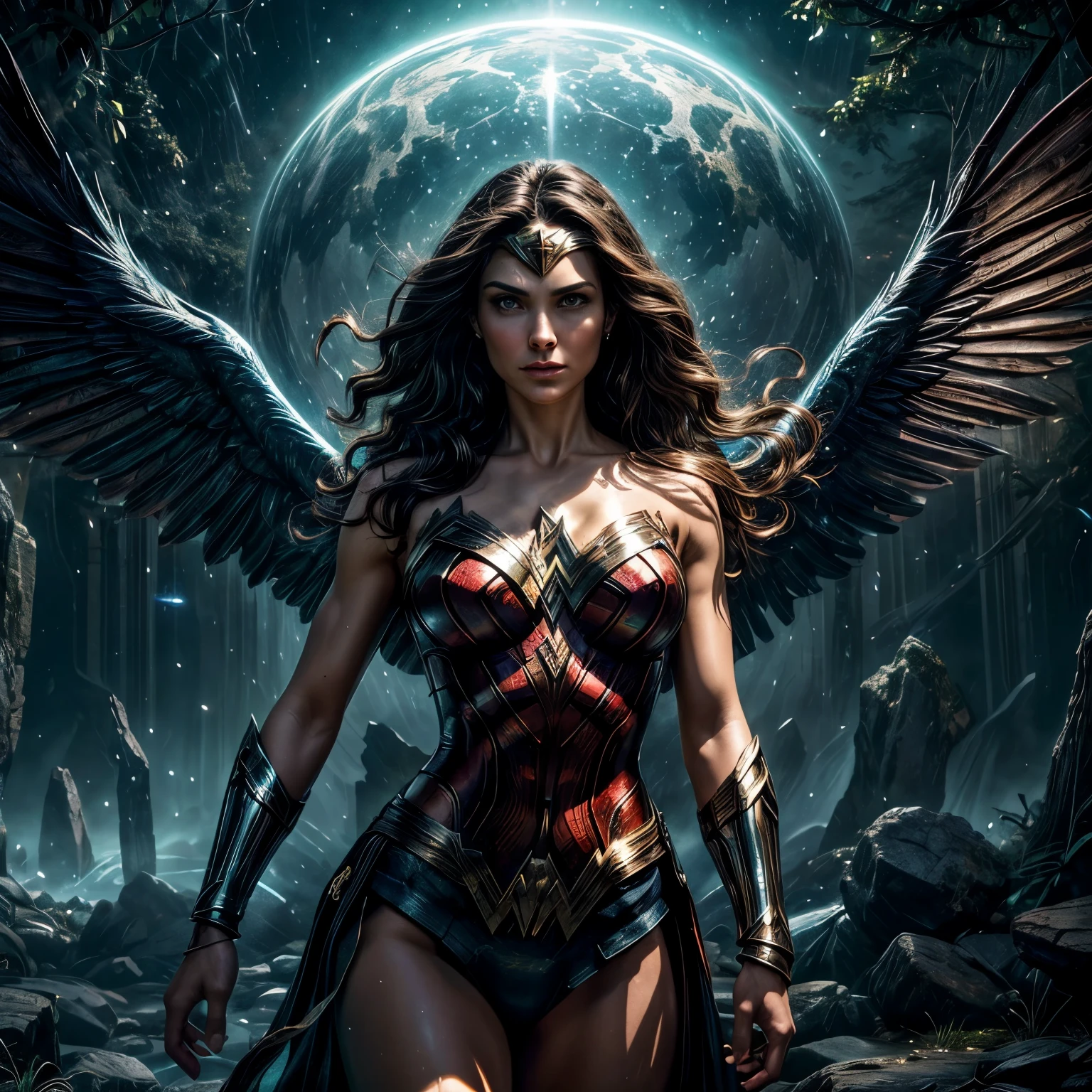 (best quality,ultra-detailed,realistic:1.37),HDR,highres,studio lighting,vivid colors,portraits,landscape,sci-fi,giga_busty,Wonder Woman,timeworn door,interdimensional portal,time and space,cracks,energy discharge,glimmering lights,broken hinges,forgotten,adventure,curiosity,mystery,nostalgia,amazing power,powerful stance,majestic presence,herculean strength,mystical aura,ancient markings,magical artifact,enchanted atmosphere,otherworldly,multiverse,parallel dimensions,dynamic composition,mythical elements,heroic figure,guardian of time,universe traveler,mesmerizing gaze,surrounded by ethereal energy,majestic cape,bold silhouette,mythical sword,awe-inspiring,fantastical realm,wonder and enchantment,door to the unknown,journey of discovery,moment frozen in time,secrets waiting to be unveiled,majestic architecture,lost in time.
