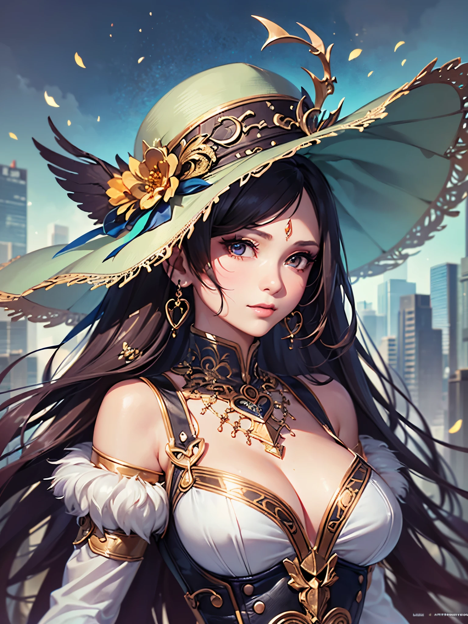 ((highest quality)),(ultra high resolution),(Super detailed),(detailed description),((best CG)),(best work of art),super precision art,great drawing art,(Fantasy art with precise details:1.5), (1 woman:1.7)(A detailed and detailed dress:1.5),Embroidered with precision down to the smallest detail:1.5,(beautiful and well-shaped face:1.5),(natural makeup:1.5),cleavage:1.5,(thin waist:1.6),stylish hat:1.3, terraces:1.3,Clear sky:1.5