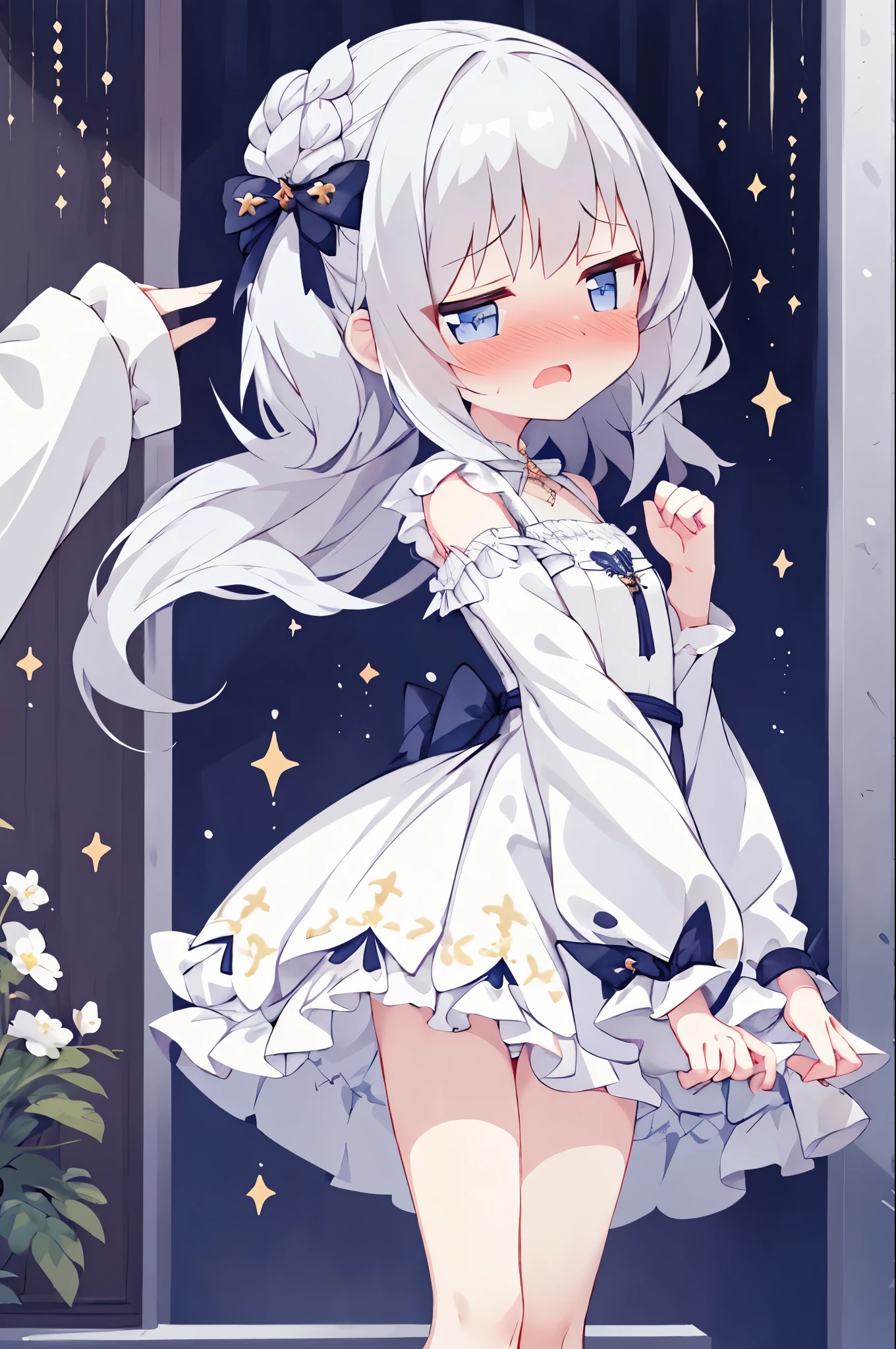 A girl in a ruffled dress, (sleeves longer than wrists, sleeves longer than fingers), Moeisode, cheering, exposing panties, embarrassed