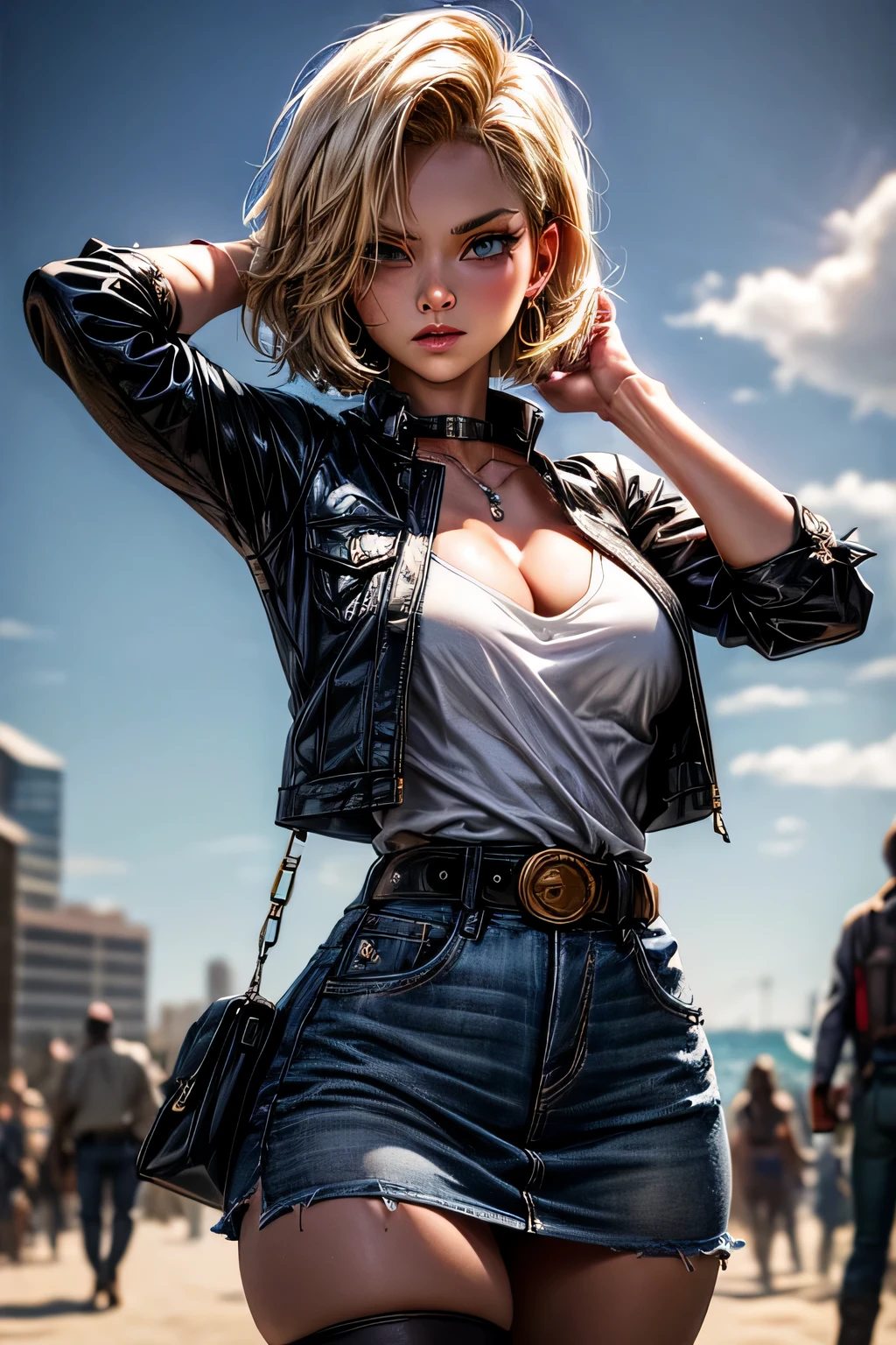 android 18, android 18, blonde hair, blue eyes, eyelash, hoop earrings, short hair, earrings, break belt, black legwear, black shirt, breast pocket, cleavage, clavicle, denim, denim skirt, high-waist skirt, jewelry, long sleeve, pocket, shirt, shirt tucked in, skirt, striped, striped sleeves, waistcoat,, break outdoors, city, null, cloud, sun, break looking at viewer, (cowboy shot:1.5), break (masterpiece:1.2), highest quality, High resolution, unity 8k wallpaper, (shape:0.8), (beautiful and detailed eyes:1.6), highly detailed face, perfect lighting, Very detailed CG, (perfect hands, perfect anatomy)