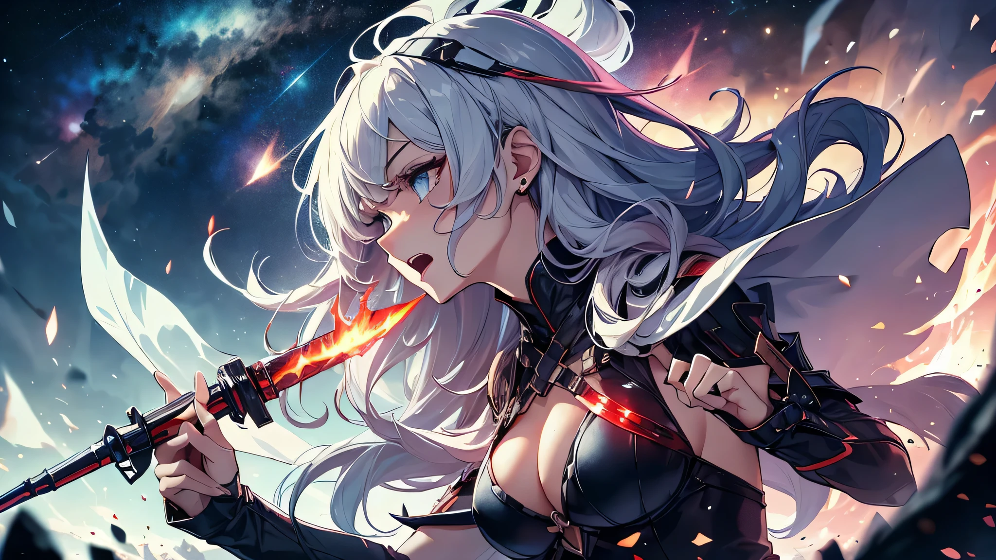 最high quality、best image quality、masterpiece、teenage girl((18-year-old、 By becoming、vest bust、medium bust,wide open breast tea、black eye, light blue hAria、Red mesh、long hAria、thin,highest valley、Red and blue dress、holding a red sword in his right hand、Glowing red wings,Aria、splatters、slash pose、scream、He holds a red sword in his left hand.、angry face、leaning forward)),high quality、beautiful art、background((outer space、battlefield、Burning Town、fire、inflammation、A large number of missiles rain down))瓦礫がsplatters、Depth of written boundary、movie、visual art、perfect art、8K,genuine