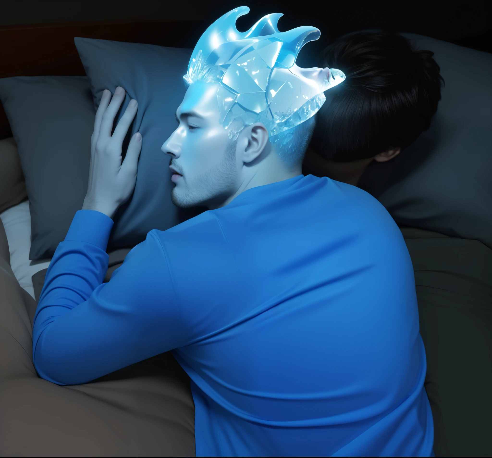 man in blue shirt laying in bed with pillow, his skin is blue, his skin is glossy, he is made of ice, man made of ice, man made of water, emerging from blue ice, glowing head, detailed glowing head, breathing blue fire, portrait shot, spotlight, rim light, detailed fabric textures, glossy costume, reflective, best quality, 4k, masterpiece:1.2, ultra-detailed, realistic, vivid colors, dark and moody lighting, The image of the highest quality, ensuring every detail showcased perfectly. It in 4k resolution, allowing viewers to immerse themselves in the richness of the colors and intricate details. The realistic rendering. under the spotlight, reflecting, high-resolution image, realistic rendering, dark background, and rim light