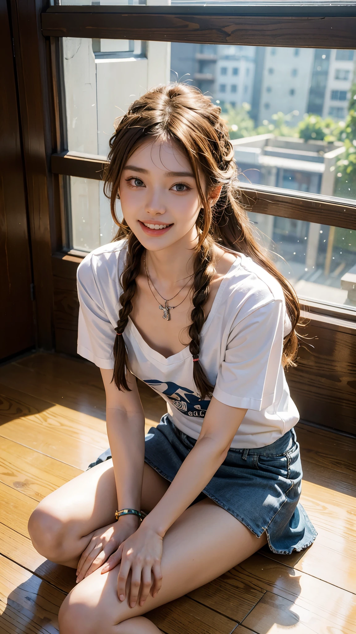 highest quality, masterpiece, ultra high resolution, (realistic:1.4), (Portrait of a man sitting on his knees) RAW photo, 1 girl, 22 years old,Korean restaurant in Shin-Okubo,detailed face,((small t-shirt and miniskirt)),((asian accessories)),(large multiple necklaces)、(multiple bracelets)、((glitter anklet)),((barefoot)),((looking up at the viewer)),legs are closed,saturation, contrast, ((small breasts)),((smile showing teeth)),brown hair,fine braided dreads,braid ribbon in hair,