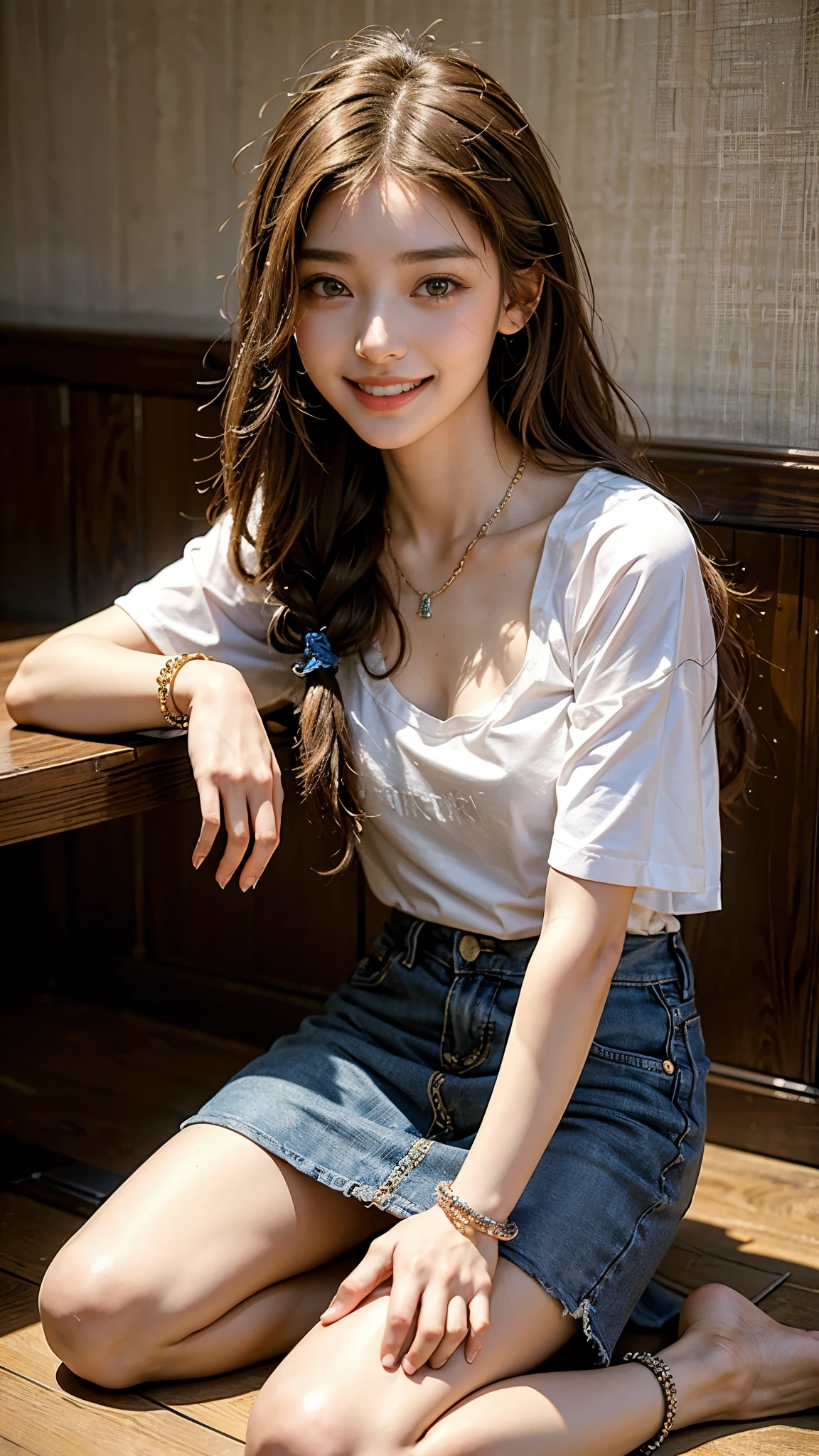 highest quality, masterpiece, ultra high resolution, (realistic:1.4), (Portrait of a man sitting on his knees) RAW photo, 1 girl, 22 years old,Korean restaurant in Shin-Okubo,detailed face,((small t-shirt and miniskirt)),((asian accessories)),(large multiple necklaces)、(multiple bracelets)、((glitter anklet)),((barefoot)),((looking up at the viewer)),legs are closed,saturation, contrast, ((small breasts)),((smile showing teeth)),brown hair,fine braided dreads,braid ribbon in hair,