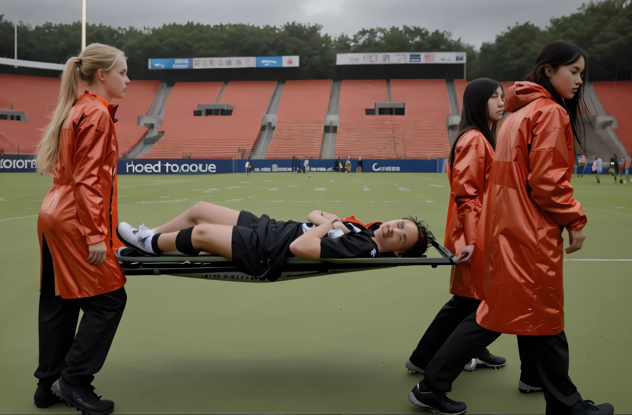 Soccer player is taken away on a stretcher, There is a man lying on his back on a stretcher with his hands grabbing his hurting leg, a man in a t-shirt and sports shorts has put his hands on his injured leg, the man has an agonised face looking to the sky, two horny looking longhaired and ponytailed women that are wearing very shiny coats, there are longhaired women with horny faces wearing laquered puffy coats, longhaired women are walking in wetlook puffy coats, several women walking around a football field with an injured athlete on a stretcher, the injured athlete on the stretcher is grabbing his injured leg with both hands, the women look very worried, behind the women there is a frightening atmosphere, there is heavy rainfall in the background, video still, behind the scenes, pity, china, erotic, horny, drama, very shiny orange vinyl fabric