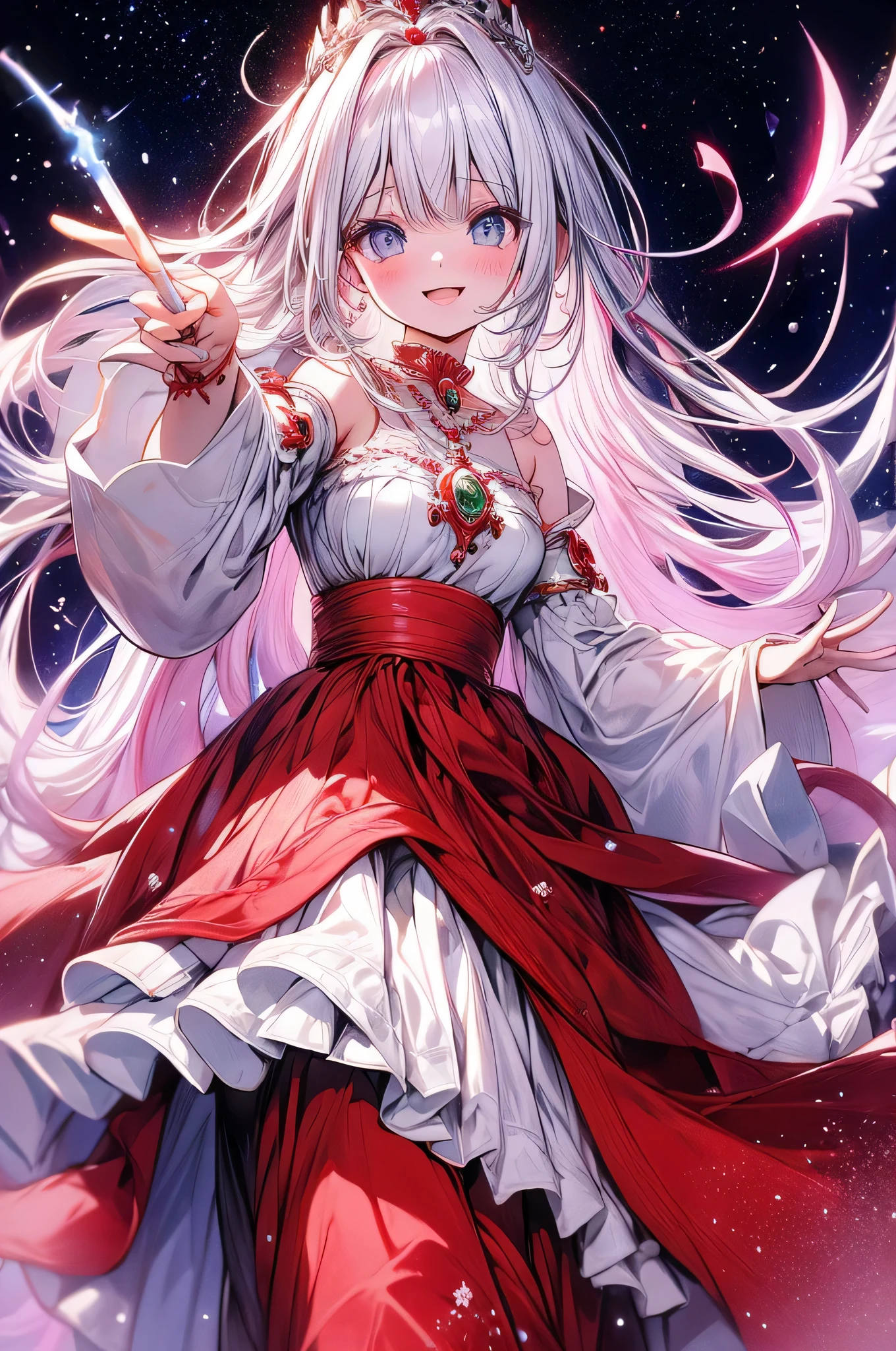 Uma garota de olhos vermelho-rubi e cabelos brancos como a neve, with a flower tiara and a magic wand, dancing in an enchanted clearing.