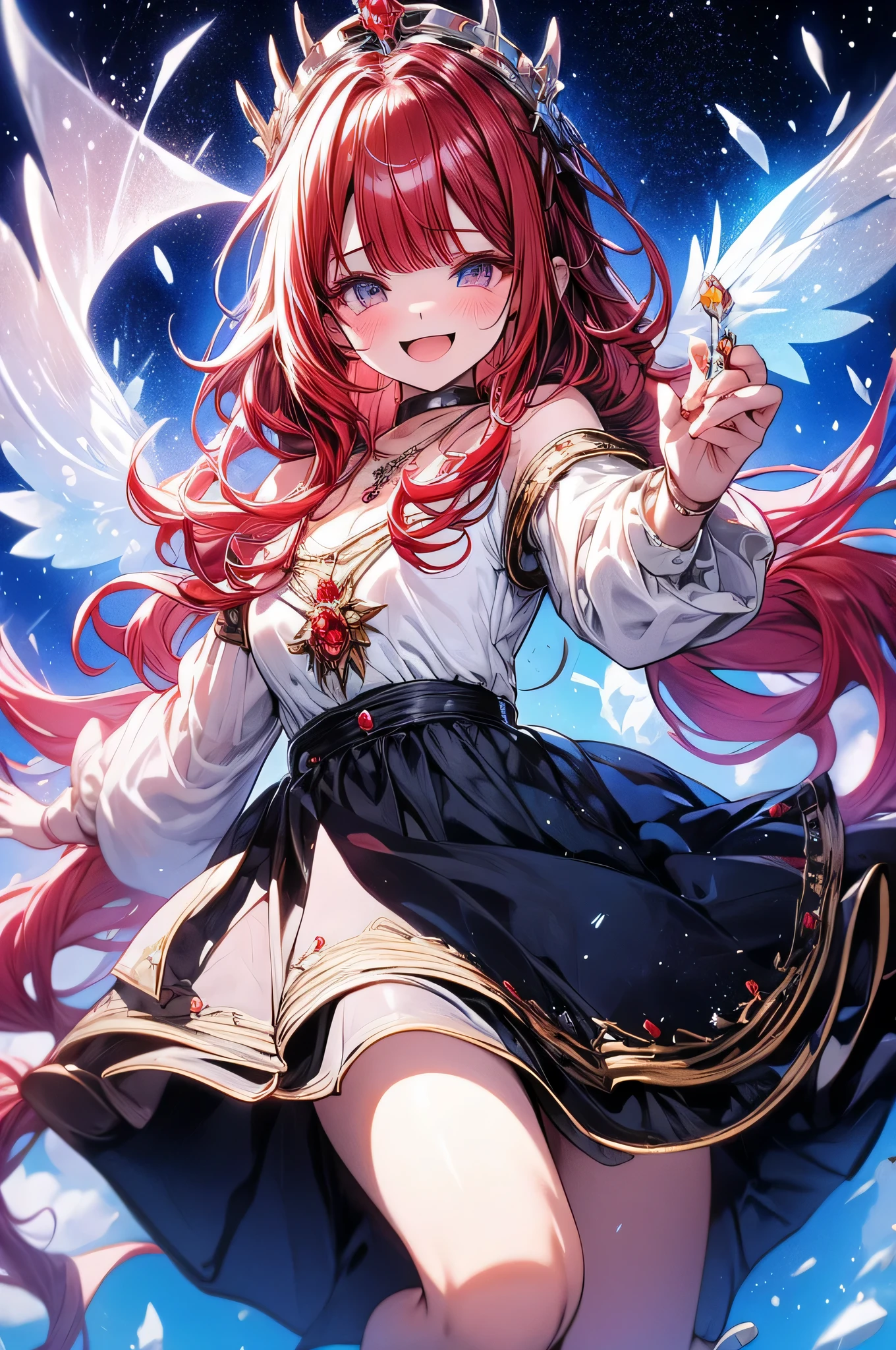 Uma garota de olhos vermelho-rubi e cabelos brancos como a neve, with a flower tiara and a magic wand, dancing in an enchanted clearing.