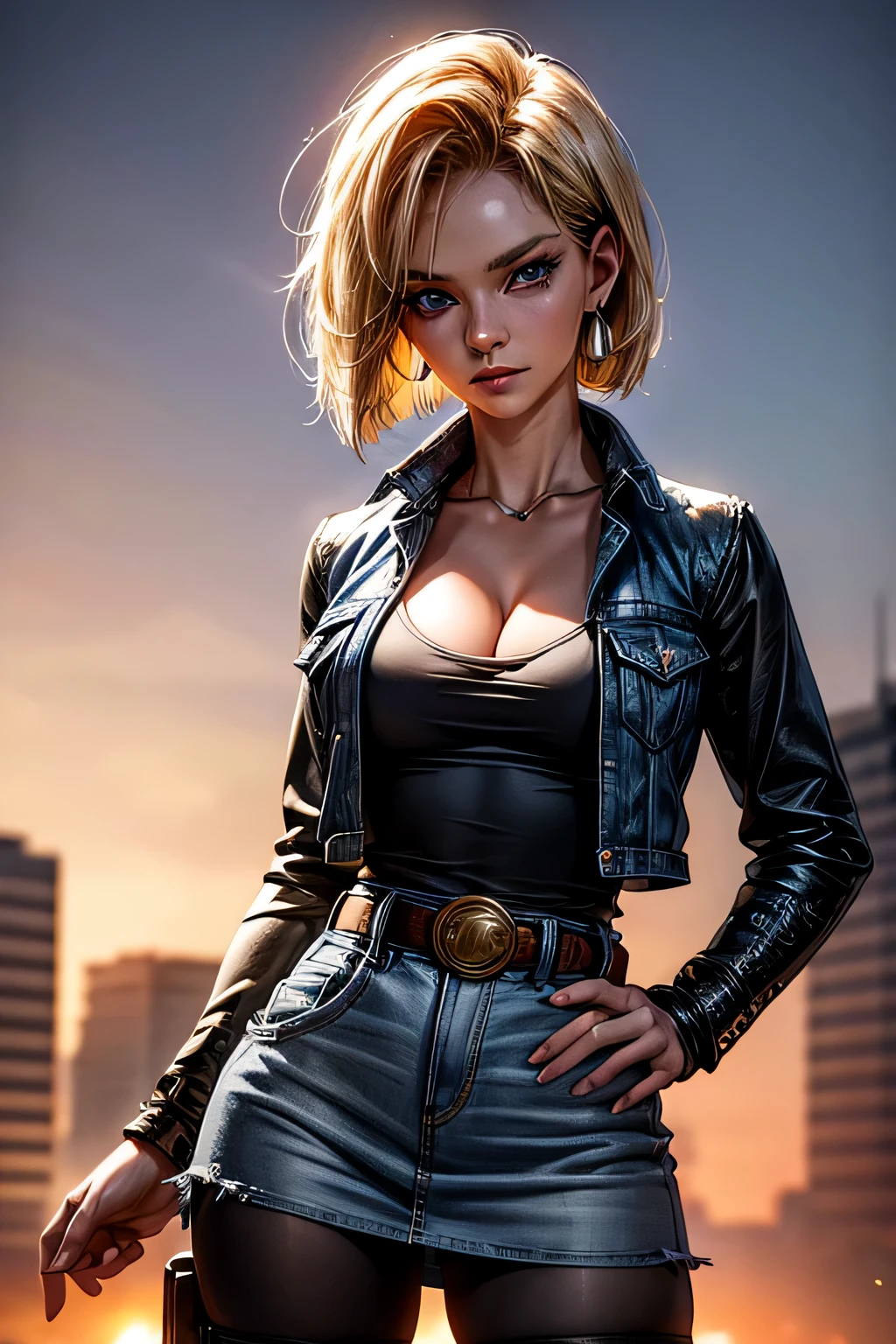 android 18, android 18, blonde hair, blue eyes, eyelash, hoop earrings, short hair, earrings, break belt, black legwear, black shirt, breast pocket, cleavage, clavicle, denim, denim skirt, high-waist skirt, jewelry, long sleeve, pocket, shirt, shirt tucked in, skirt, striped, striped sleeves, waistcoat,, break outdoors, city, null, cloud, sun, break looking at viewer, (cowboy shot:1.5), break (masterpiece:1.2), highest quality, High resolution, unity 8k wallpaper, (shape:0.8), (beautiful and detailed eyes:1.6), highly detailed face, perfect lighting, Very detailed CG, (perfect hands, perfect )