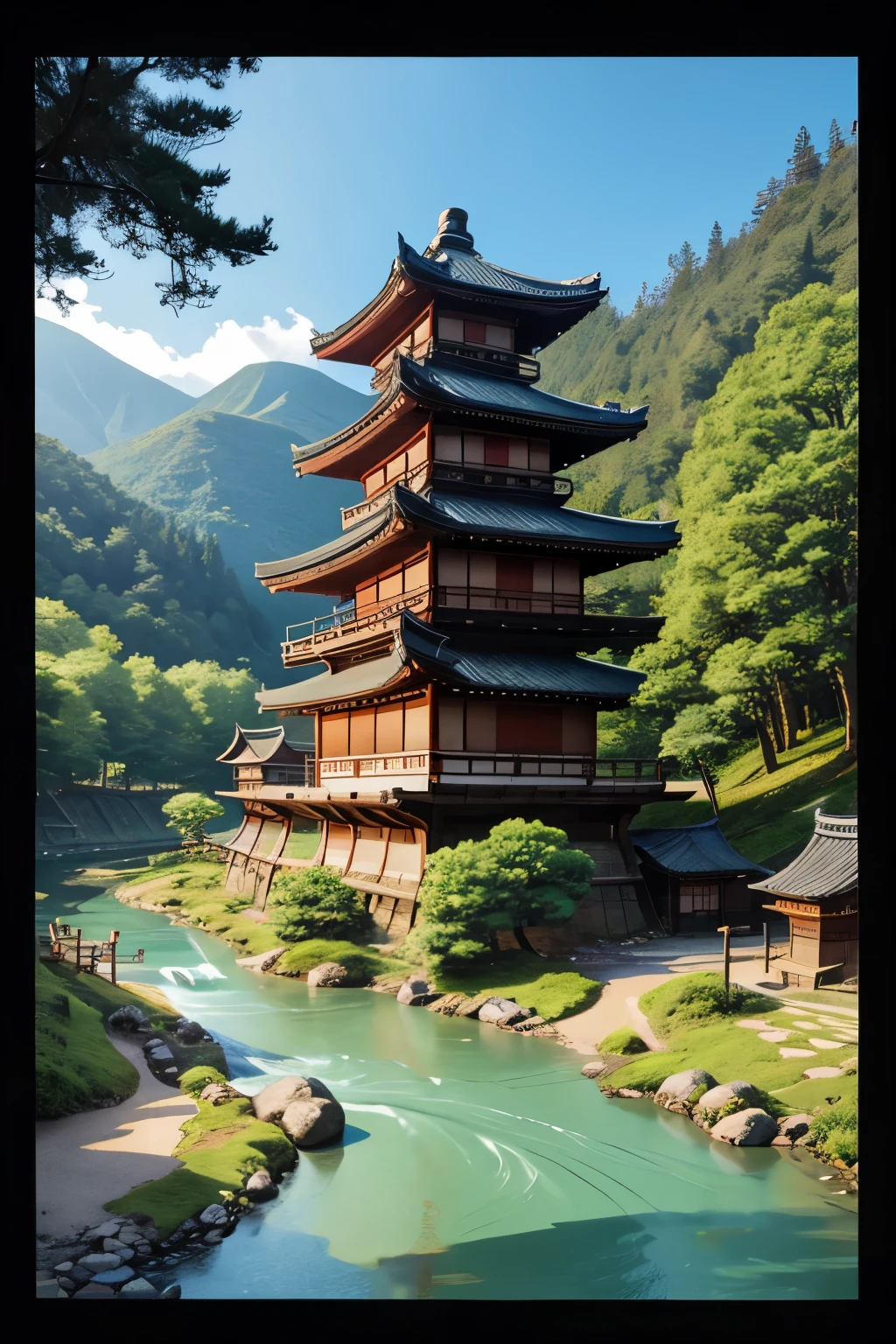 medieval japanese fantasy village with forest and river