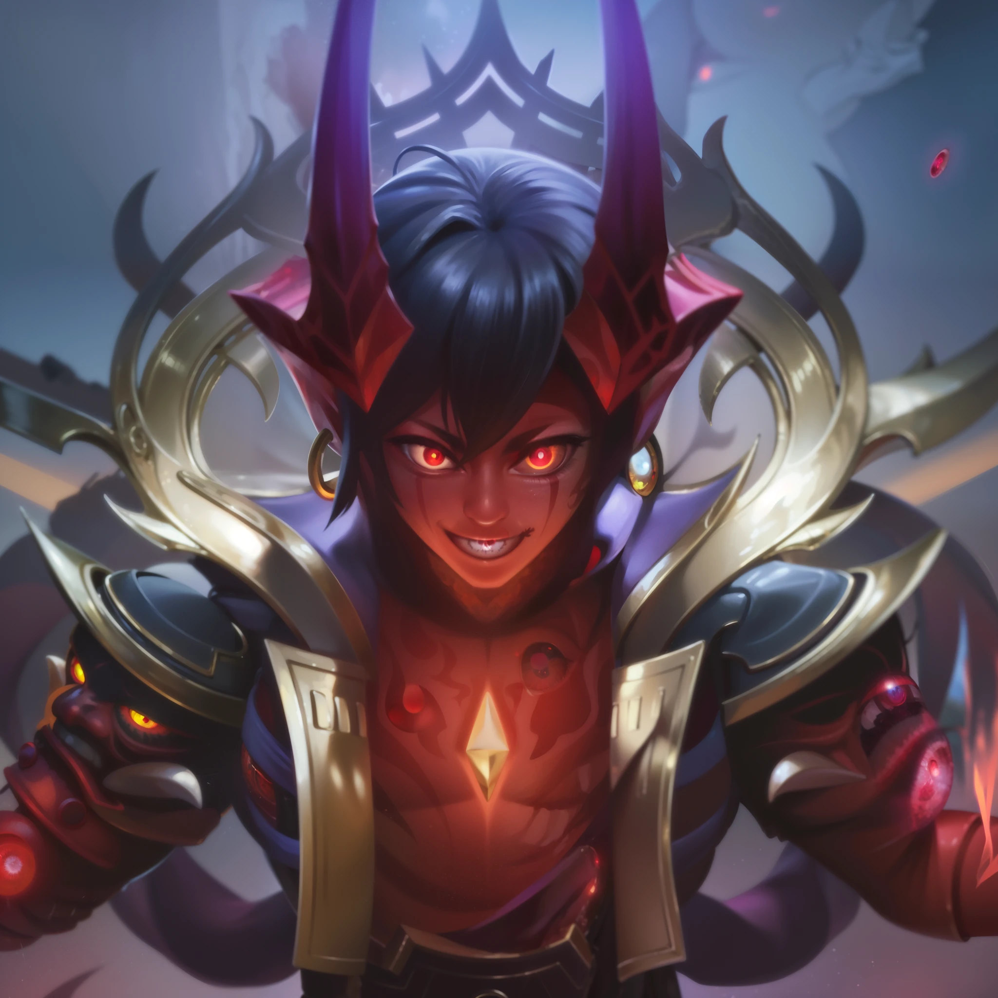 masculine male, masterpiece, ((perfect eyes)) best quality, (semirealism:1.9), beautiful lighting, (extremely detailed CG unity 4k fhd wallpaper), High Detail, Sharp focus, dramatic outdoors, 25 years old, brown short hair, blue eyes, smile, Boy with two big horns, big earrings on ears, elf ear, red eyes, Thick eyebrows, evil smile, grinning, red body, red face, Burning skin, yellow diamonds glistening on chest, burning red skin, golden robe behind, big white belt, 8k, realistic, tato, scary, strong red eye glow (red eye:2.2).