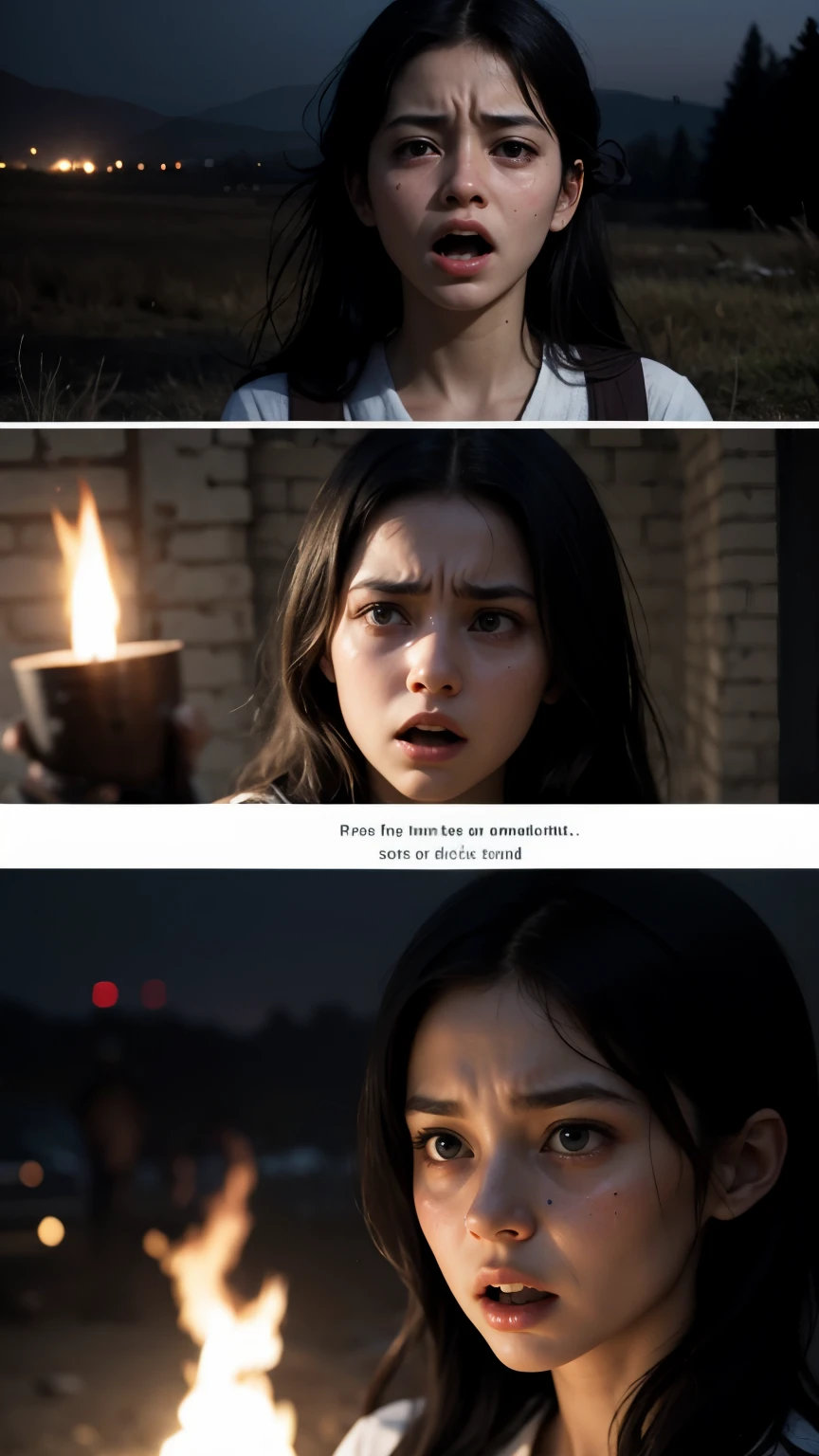 Realistic, personality: [Capture the horrified expressions on the faces of the Oirat girls and their families as they are forced to witness the mass rape. Show their anguish and despair, their eyes filled with tears. The scene is dimly lit, with a single torch casting flickering shadows on their faces. The soldiers are visible in the background, carrying out the horrific act.] unreal engine, hyper real