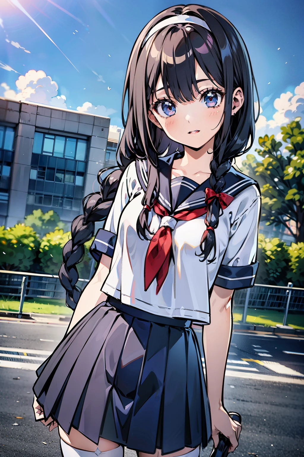 Body 8 times longer than head, (High-definition CG Unity 8K), (highest quality)，(very detailed)，(ultra high resolution), black hair, High school girl wearing a navy sailor suit, anime 2d rendering, realistic young anime , ((white headband)), small breasts, tall, slanted eyes, (school scenery), black stockings, during the day, open your mouth a little, Dark blue skirt, braid hair,  Skip, 