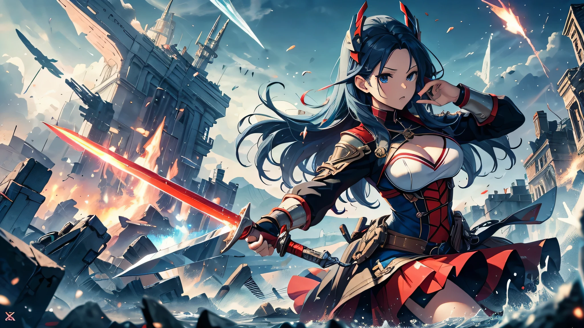 最high quality、best image quality、masterpiece、age girl((18-year-old、 By becoming、vest bust、medium bust,wide open breast tea、black eye, light blue hAria、Red mesh、long hAria、thin,highest valley、Red and blue dress、holding a red sword in his right hand、Glowing red wings,Aria、splatters、slash pose、scream、He holds a red sword in his left hand.、angry face、leaning forward)),high quality、beautiful art、background((outer space、battlefield、Burning Town、fire、inflammation、A large number of missiles rain down))瓦礫がsplatters、Depth of written boundary、movie、visual art、perfect art、8K,genuine