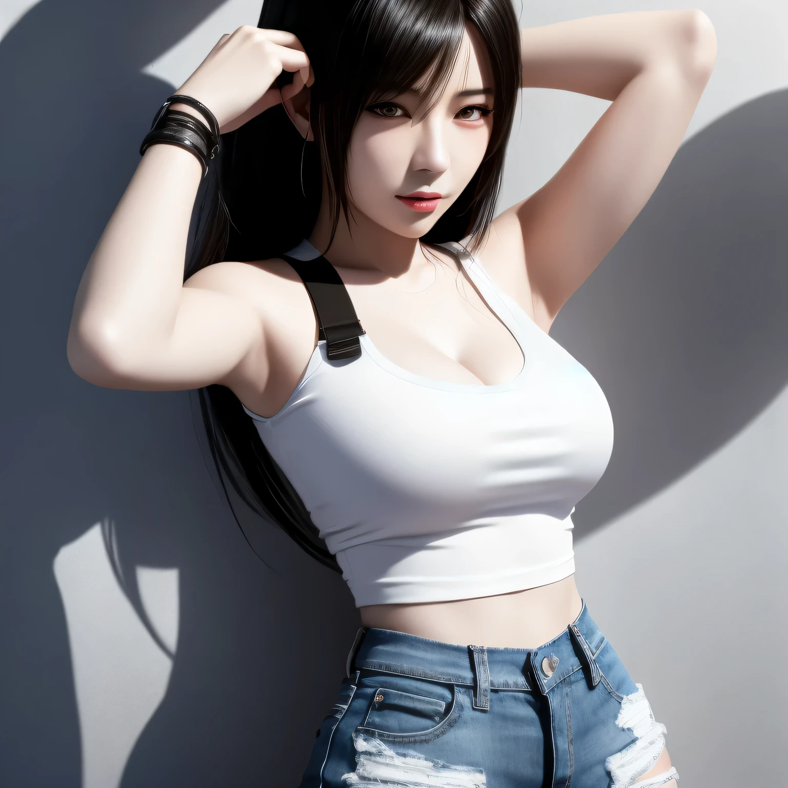 Asian woman from Alafeld poses for a photo in a white top and denim shorts, seductive Tifa lockhart portrait, Realistic Shadows Perfect Body, Tifa, seductive anime girl, [ 4K digital art ]!,Realistic anime girl rendering, he turned off the heart lock, realistic perfect body, Tifa lockhart with white hair, perfect shadow body