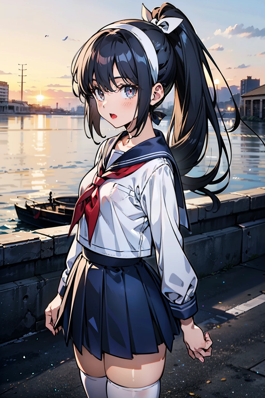 Body 8 times longer than head, (High-definition CG Unity 8K), (highest quality)，(very detailed)，(ultra high resolution), black hair, High school girl wearing a navy sailor suit, anime 2d rendering, realistic young anime , ((white headband)), small breasts, tall, slanted eyes, (school scenery), black stockings, during the day, open your mouth a little, Dark blue skirt, ponytail,  Skip, 