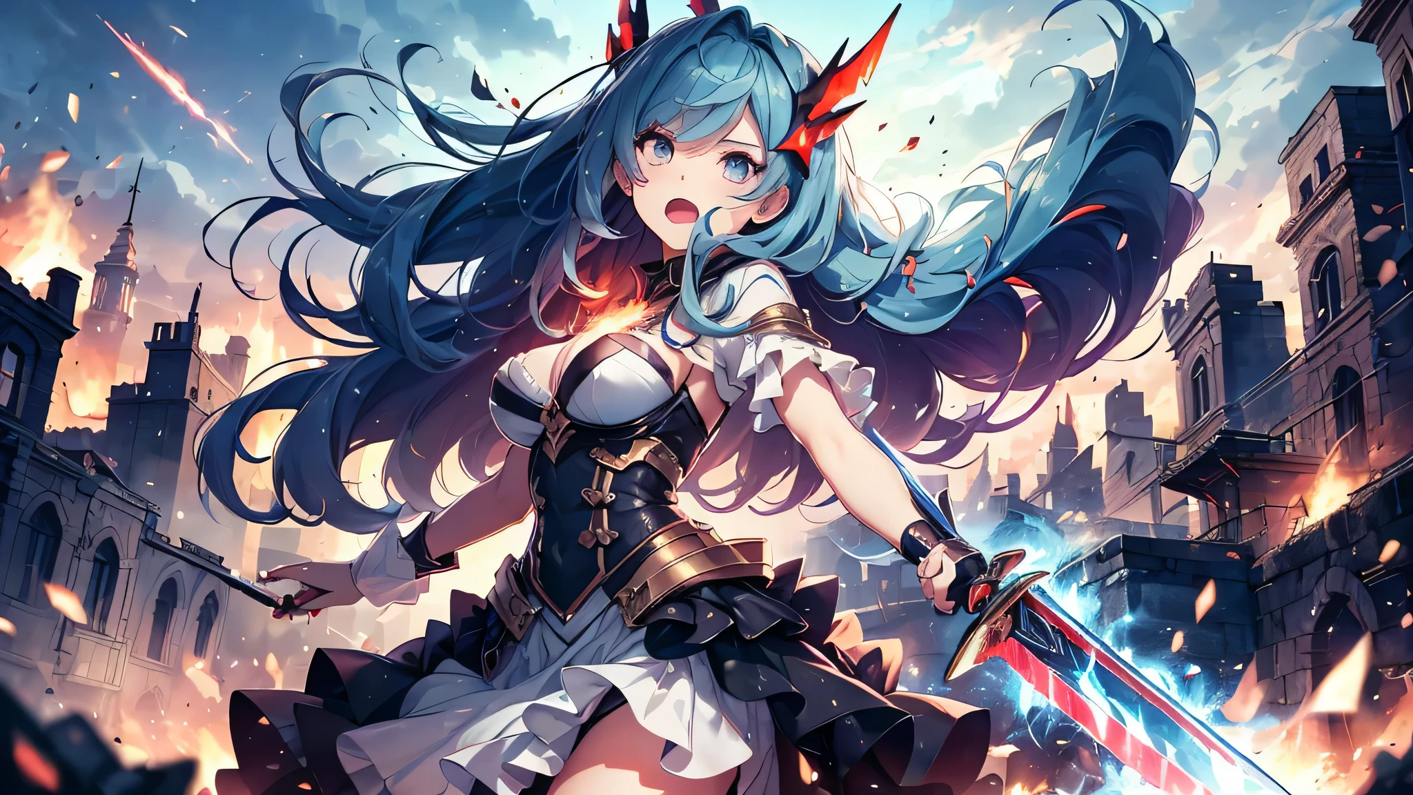 最high quality、best image quality、masterpiece、age girl((18-year-old、 By becoming、vest bust、medium bust,wide open breast tea、black eye, light blue hAria、Red mesh、long hAria、thin,highest valley、Red and blue dress、holding a red sword in his right hand、Glowing red wings,Aria、splatters、slash pose、scream、He holds a red sword in his left hand.、angry face、leaning forward)),high quality、beautiful art、background((outer space、battlefield、Burning Town、fire、inflammation、A large number of missiles rain down))瓦礫がsplatters、Depth of written boundary、movie、visual art、perfect art、8K,genuine