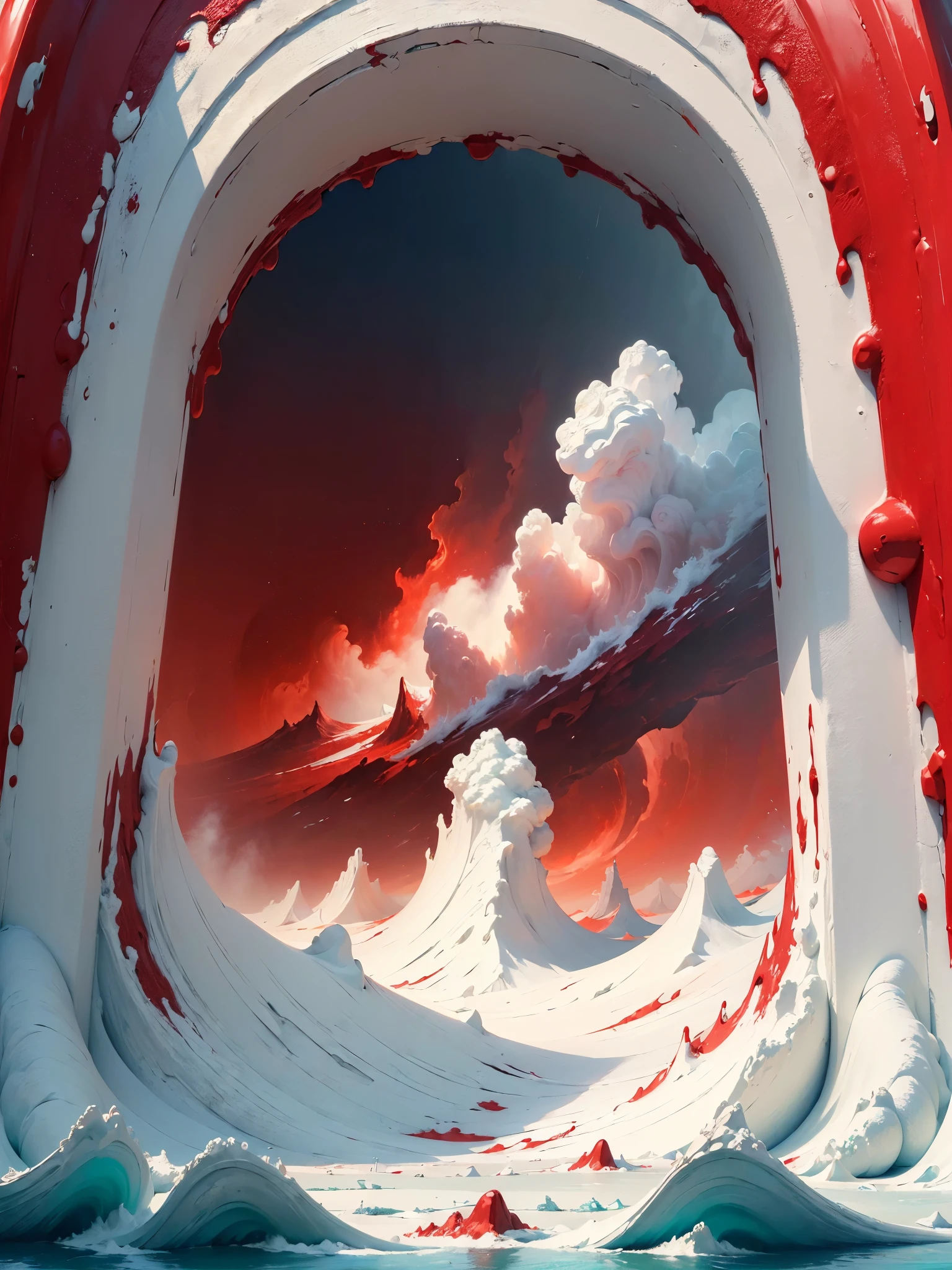 ((masterpiece:1.4), extreamly detailed, best quality, 8k, ultra hd), white and red colors, white sea, bloody-red sea foam, portal in the center, midjourney, red clouds, island in the portal, dark red sun, white and red color palete, noon. contrast colors, old painting style