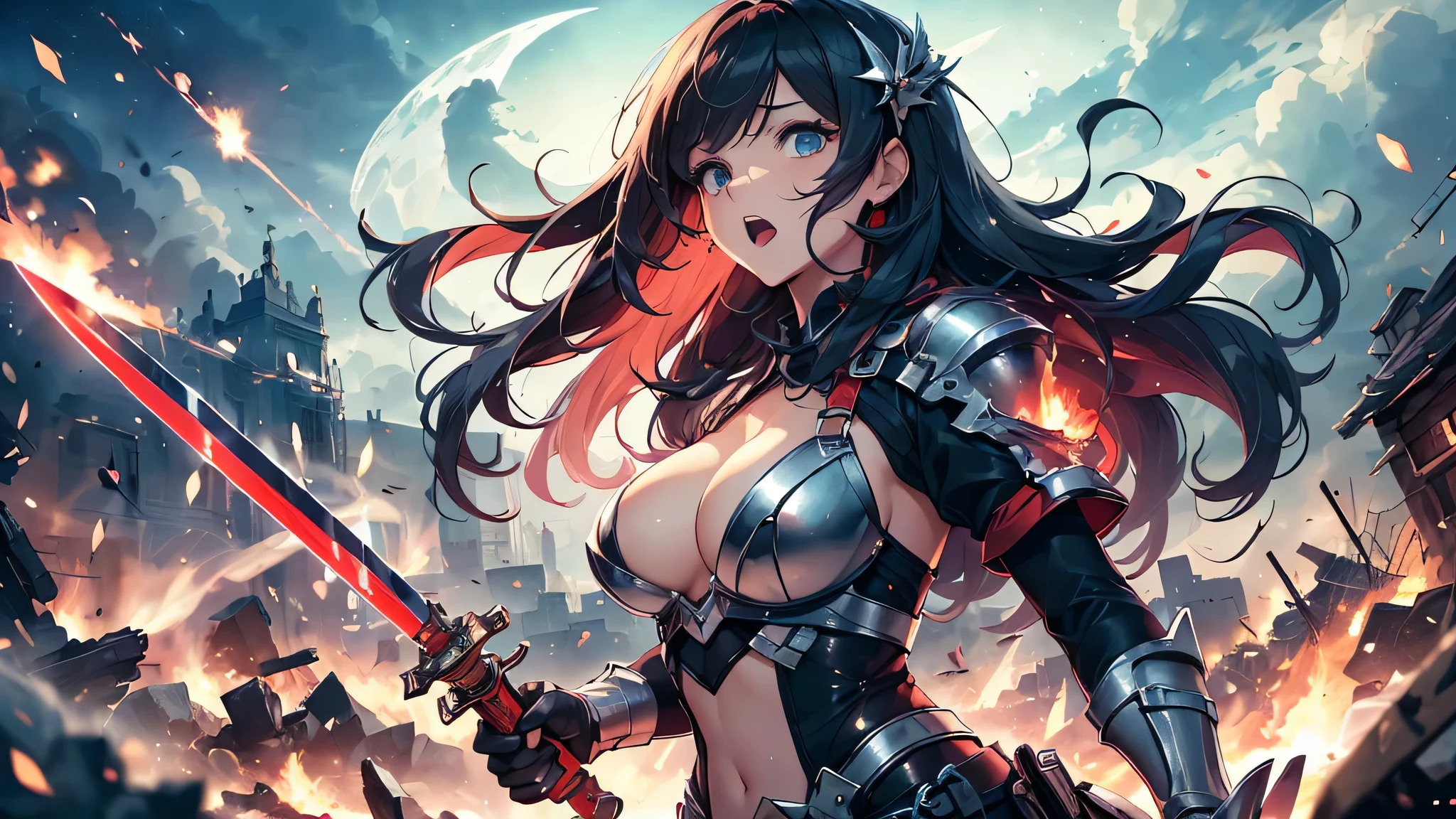 最high quality、best image quality、masterpiece、age girl((18-year-old、 By becoming、vest bust、medium bust,wide open breast tea、black eye, light blue hAria、Red mesh、long hAria、thin,highest valley、Red and blue dress、holding a red sword in his right hand、Glowing red wings,Aria、splatters、slash pose、scream、He holds a red sword in his left hand.、angry face、leaning forward)),high quality、beautiful art、background((outer space、battlefield、Burning Town、fire、inflammation、A large number of missiles rain down))瓦礫がsplatters、Depth of written boundary、movie、visual art、perfect art、8K,genuine
