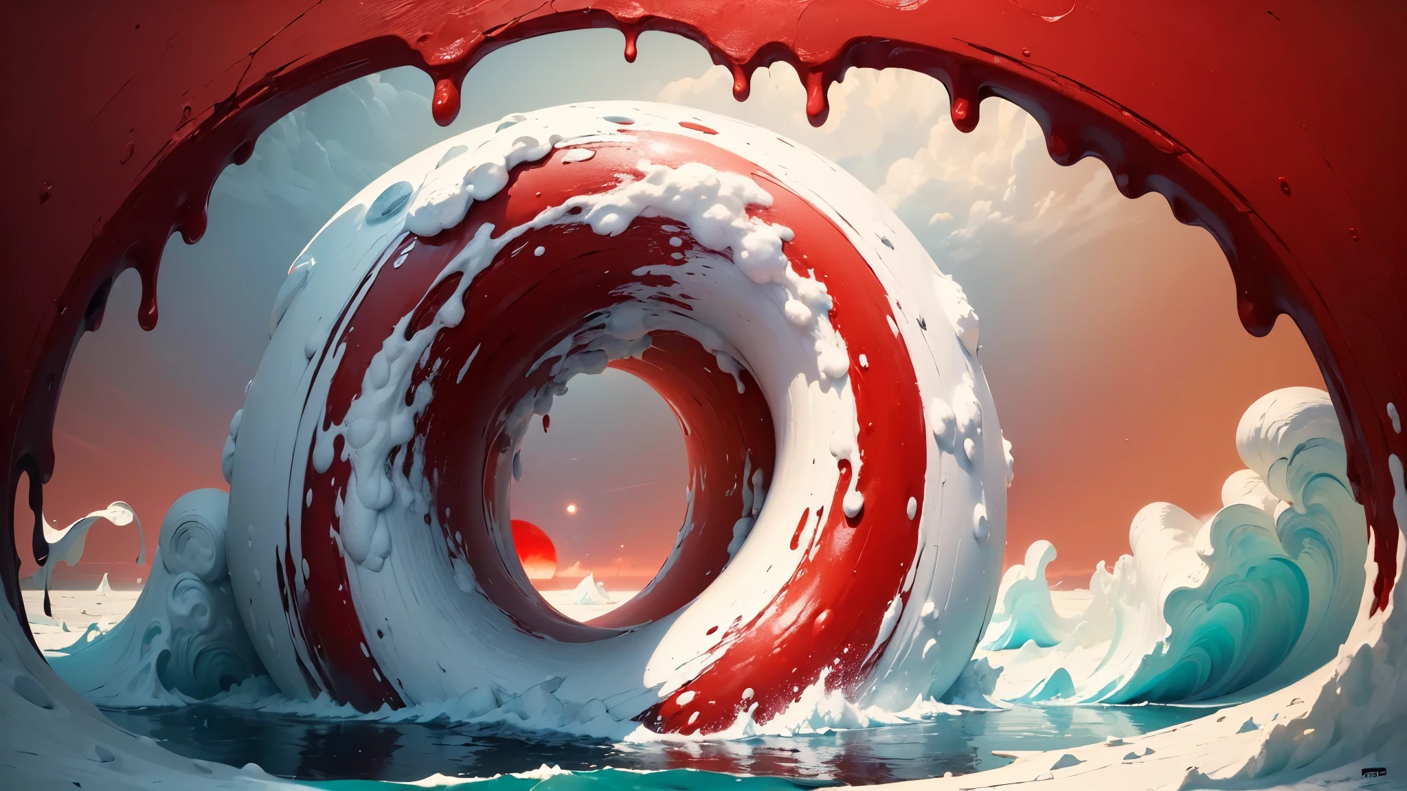 ((masterpiece:1.4), extreamly detailed, best quality, 8k, ultra hd), white and red colors, white sea, bloody-red sea foam, portal in the center, midjourney, red clouds, island in the portal, dark red sun, white and red color palete, noon. contrast colors, old painting style