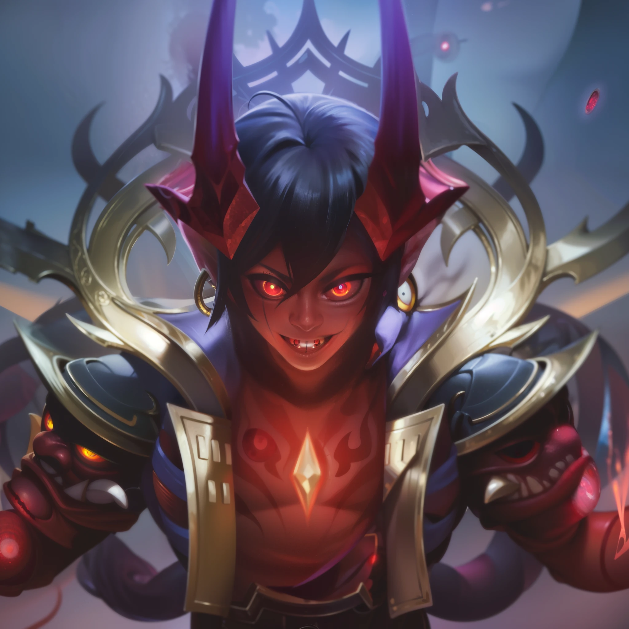 masculine male, masterpiece, ((perfect eyes)) best quality, (semirealism:1.9), beautiful lighting, (extremely detailed CG unity 4k fhd wallpaper), High Detail, Sharp focus, dramatic outdoors, 25 years old, brown short hair, blue eyes, smile, Boy with two big horns, big earrings on ears, elf ear, red eyes, Thick eyebrows, evil smile, grinning, red body, red face, Burning skin, yellow diamonds glistening on chest, burning red skin, golden robe behind, big white belt, 8k, realistic, tato, scary, strong red eye glow (red eye:2.2).