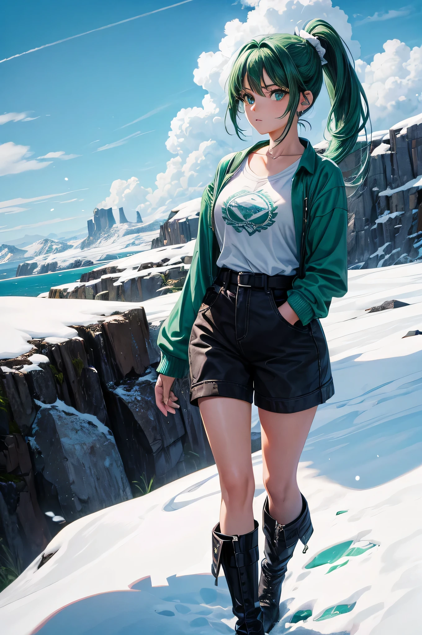 A girl with emerald eyes and aqua green hair in a high ponytail, com uma camisa xadrez e botas de trilha, explorando uma montanha coberta de neve.