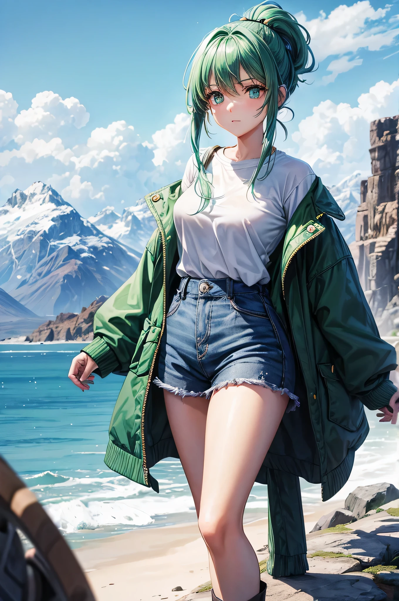 A girl with emerald eyes and aqua green hair in a high ponytail, com uma camisa xadrez e botas de trilha, explorando uma montanha coberta de neve.